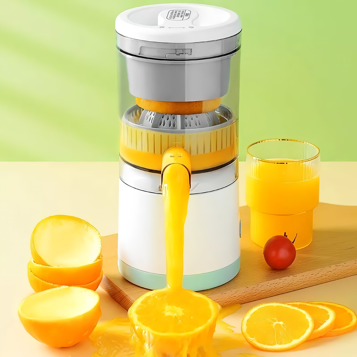 Una exprimidora dispensando zumo de naranja en un vaso. Naranjas y una cereza roja también presentes.