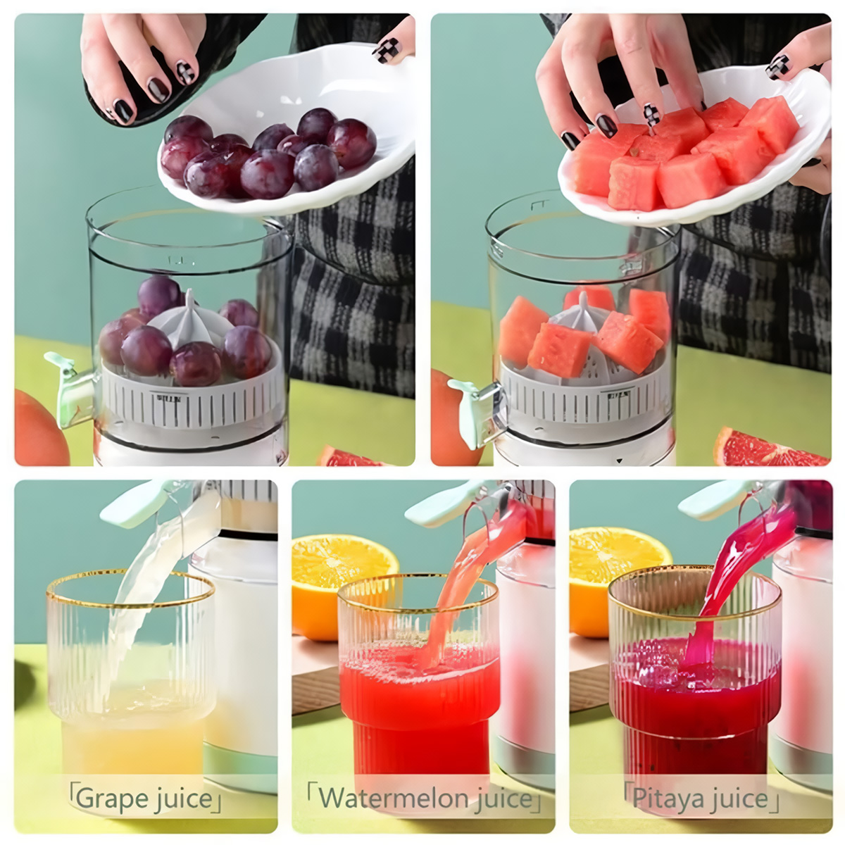 Exprimidor con tres vasos de diferentes jugos: uva, sandía y pitaya.