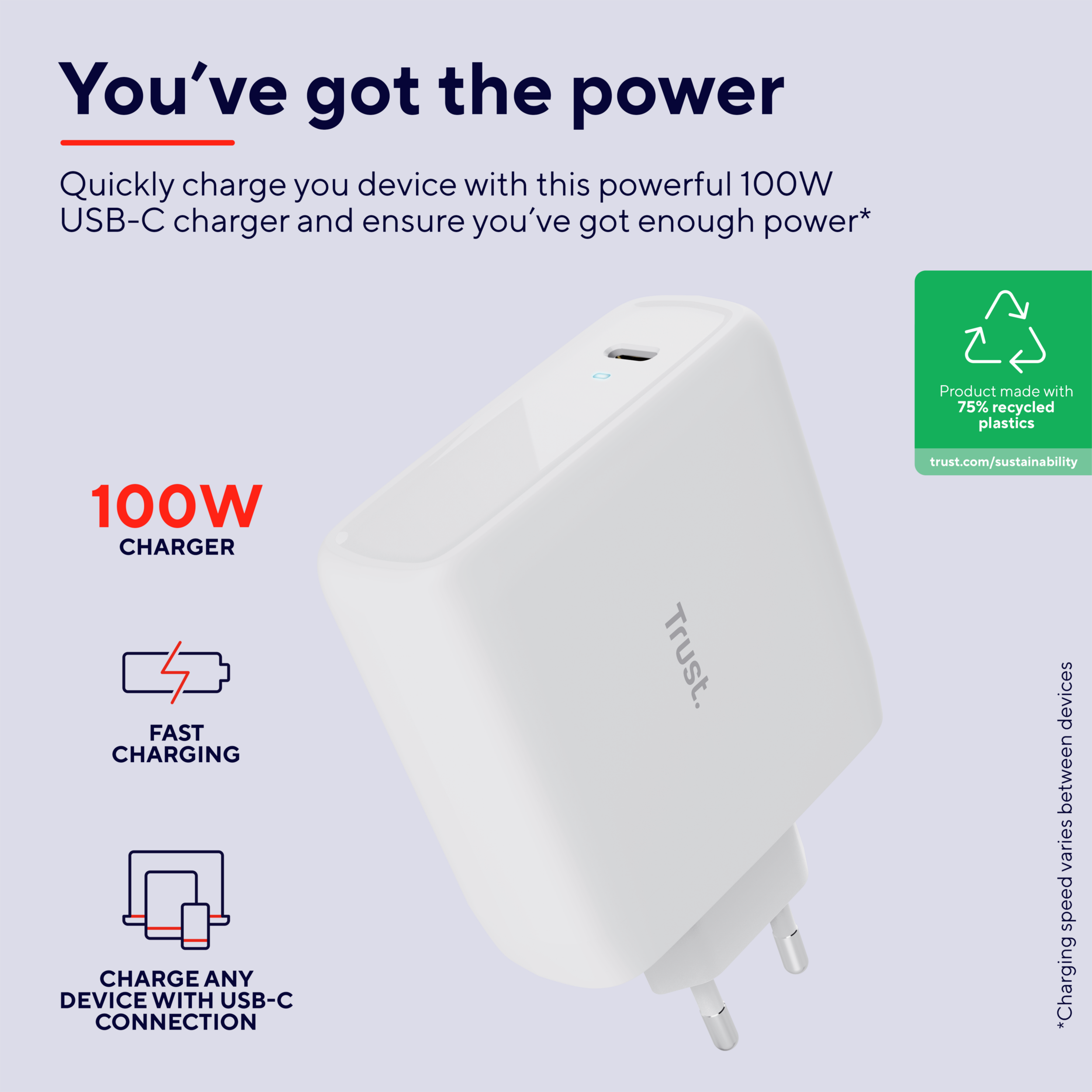 Witte oplader met tekst en afbeeldingen over snel opladen en gerecyclede materialen.