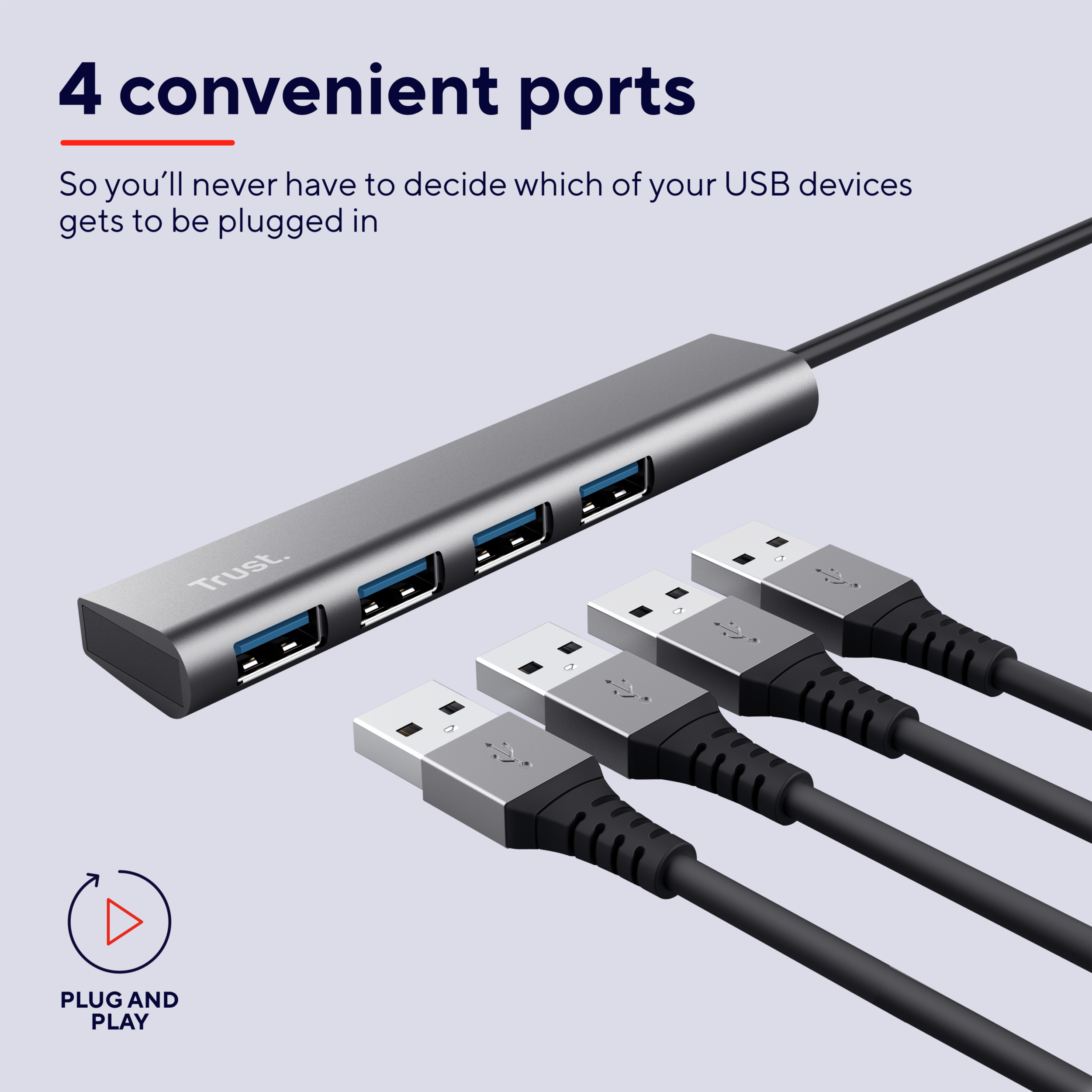 Grijze USB-hub met 4 poorten en USB-kabels, tekst: '4 convenient ports'.