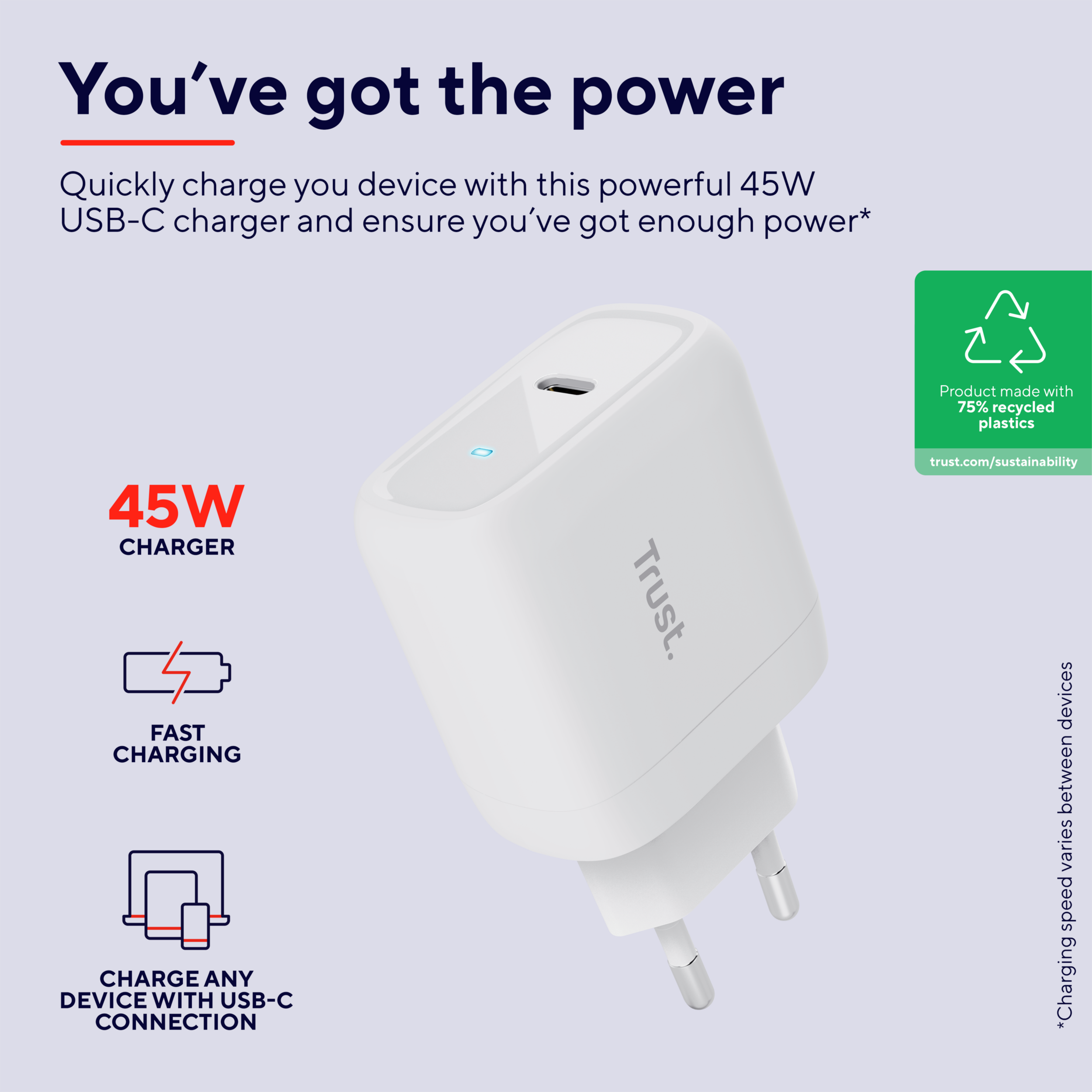 Witte oplader met tekst. Toont 45W oplader, snelladen en USB-C. Gerecycled plastic logo.