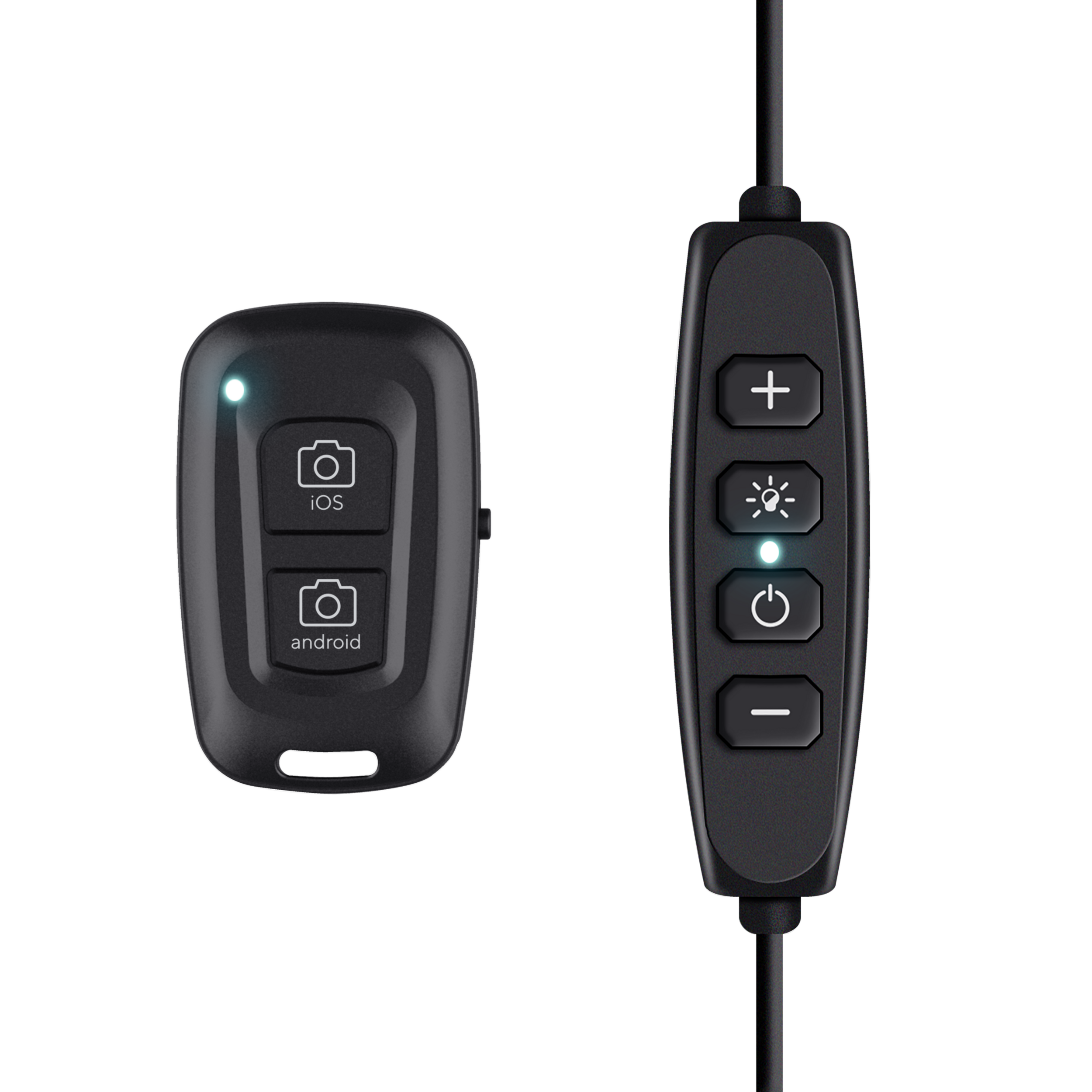 Telecomando nero per fotocamera e luci. Ha pulsanti per iOS e Android.