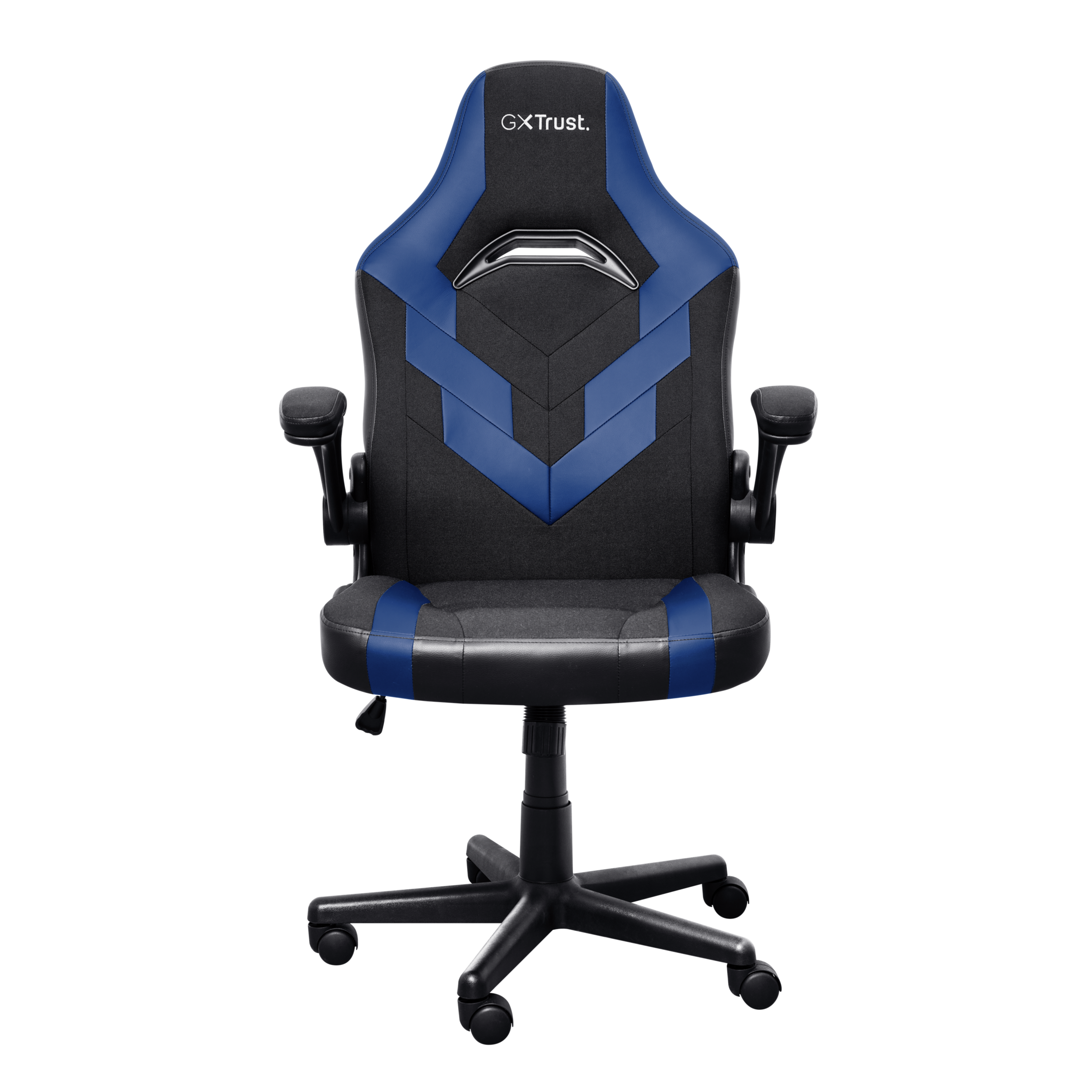 Gaming-Stuhl mit Schwarz-Blau-Farbschema, Vorderansicht auf schwarzem Hintergrund. Der Stuhl ist zentriert.