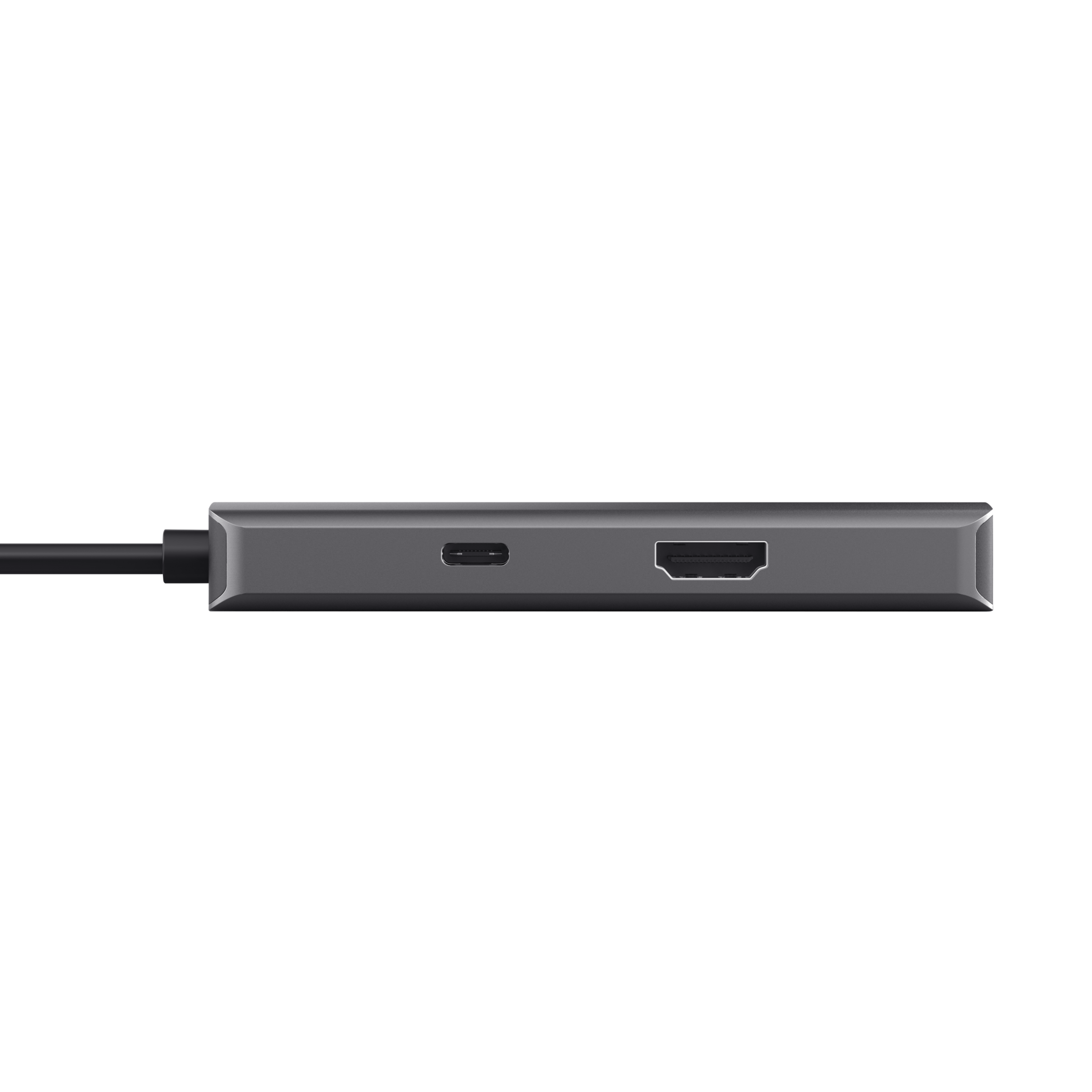 Grijze USB-C naar HDMI-adapter met een zwarte achtergrond. Poorten zijn zichtbaar.