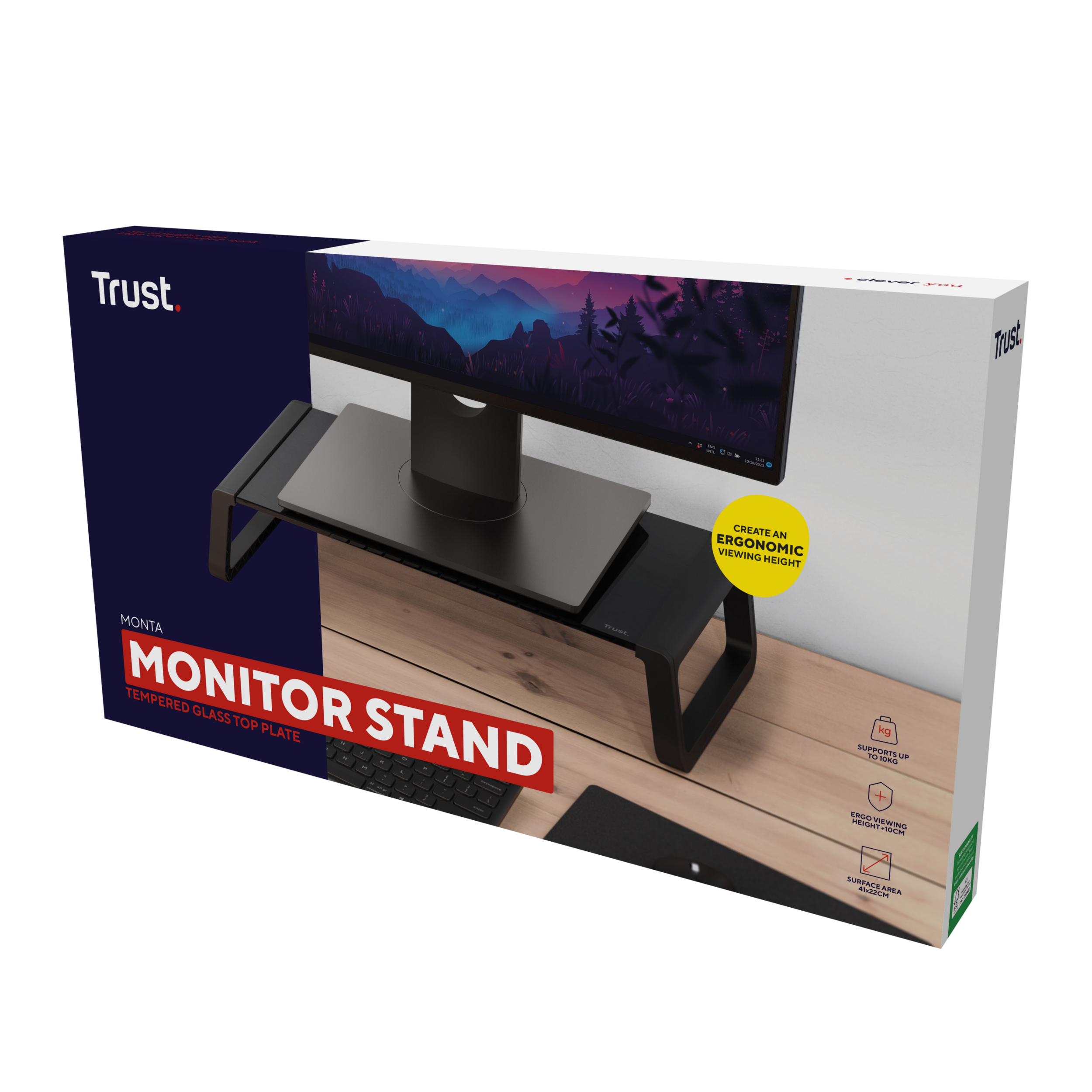 Stojak na monitor w pudełku. Jest czarny i stoi na drewnianym stole. Pudełko pokazuje ekran i funkcje.