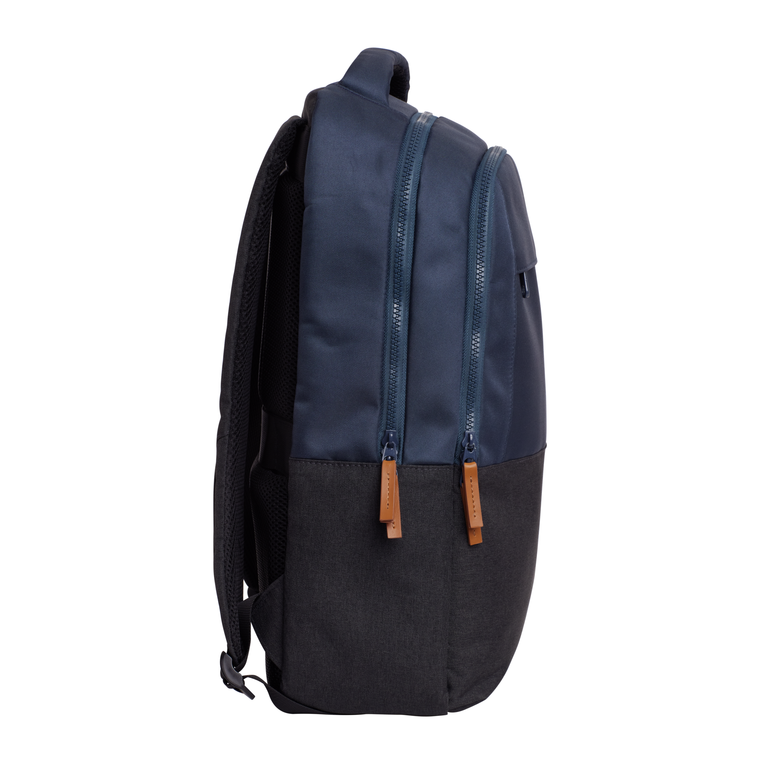 A dark blue and gray backpack with two zippers and brown leather zip pulls.
