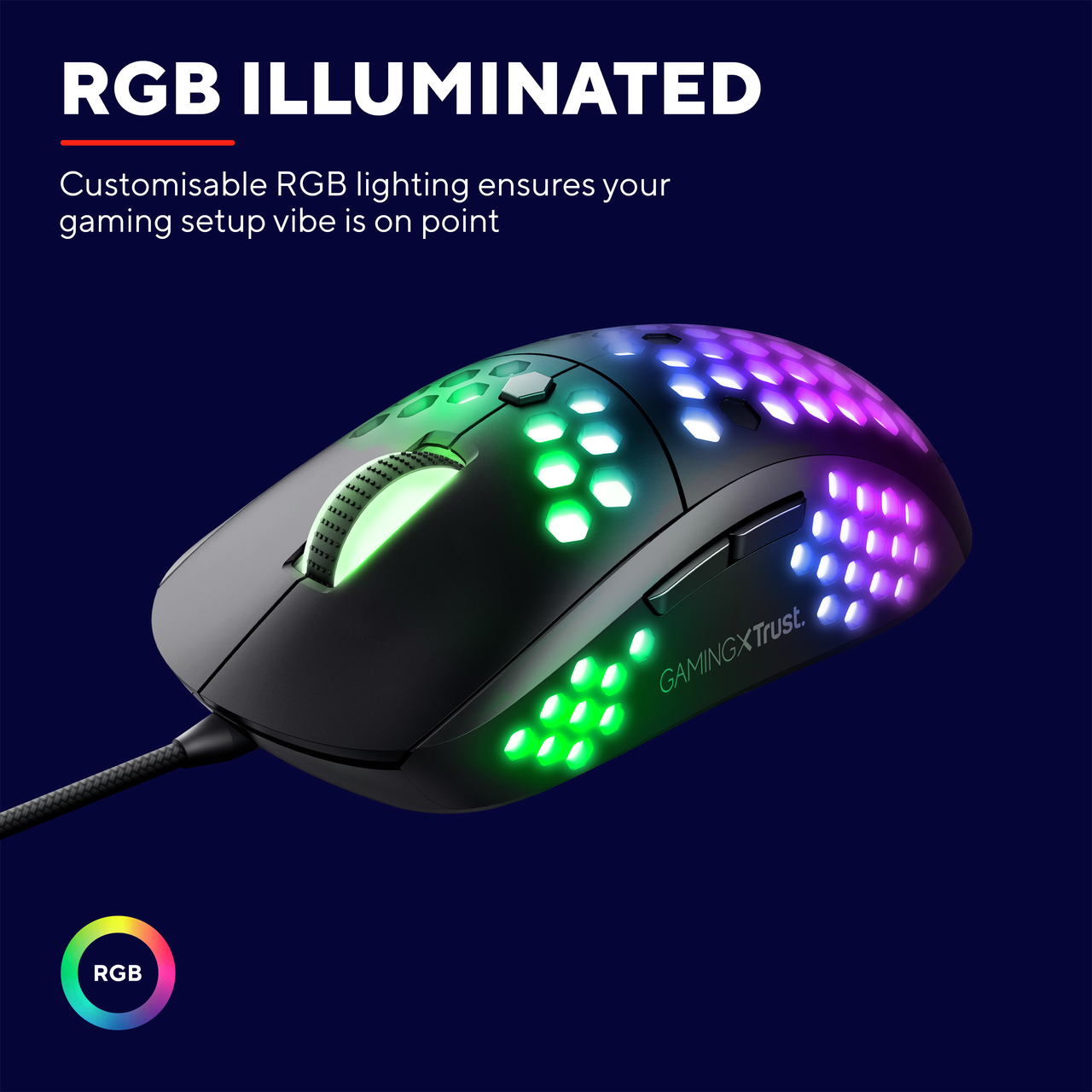 Czarna mysz gamingowa z podświetleniem RGB. Mysz na ciemnoniebieskiej powierzchni.