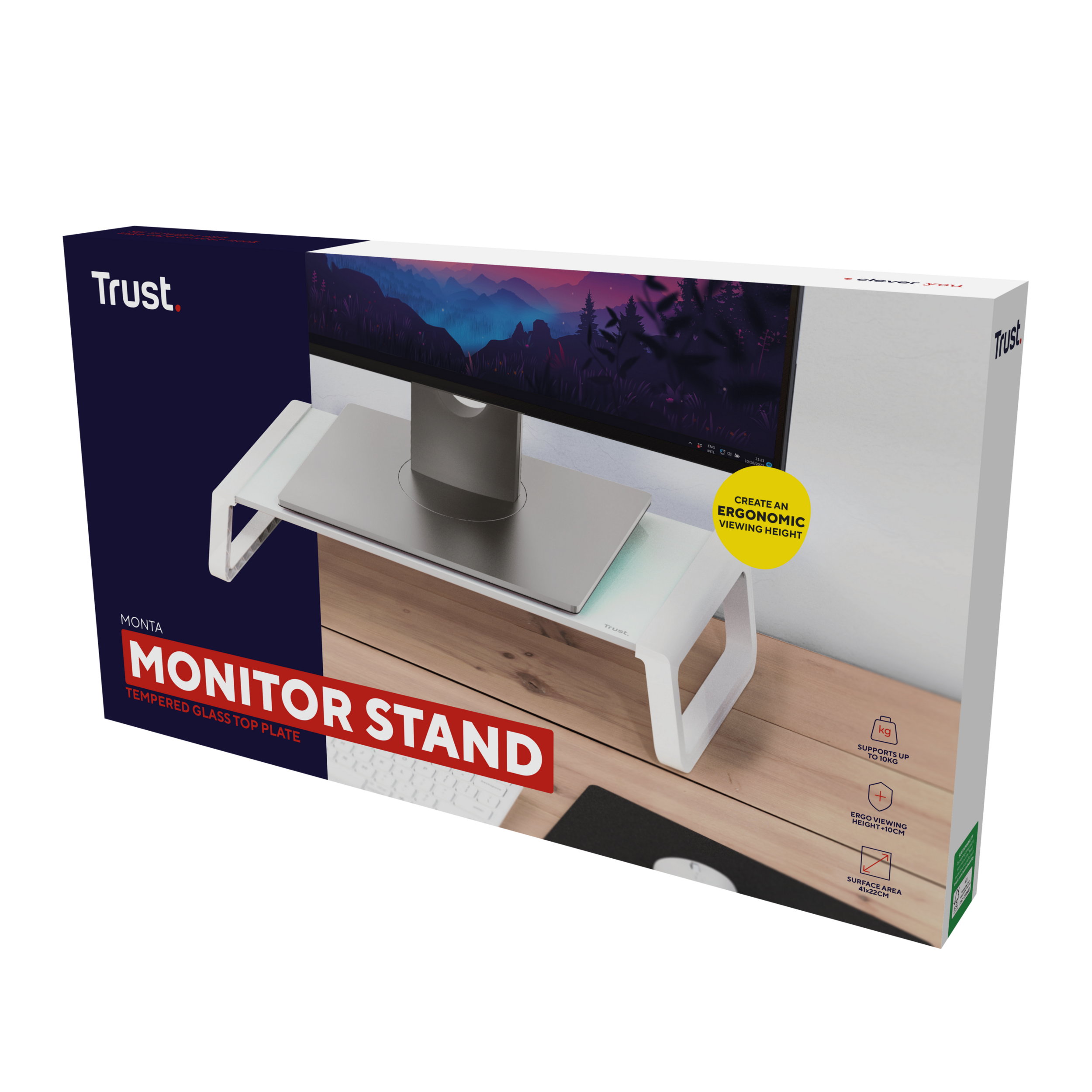 Pudełko na podstawkę pod monitor z monitorem na górze. Na pudełku napis 'Podstawka pod monitor'. Tło: drewno.