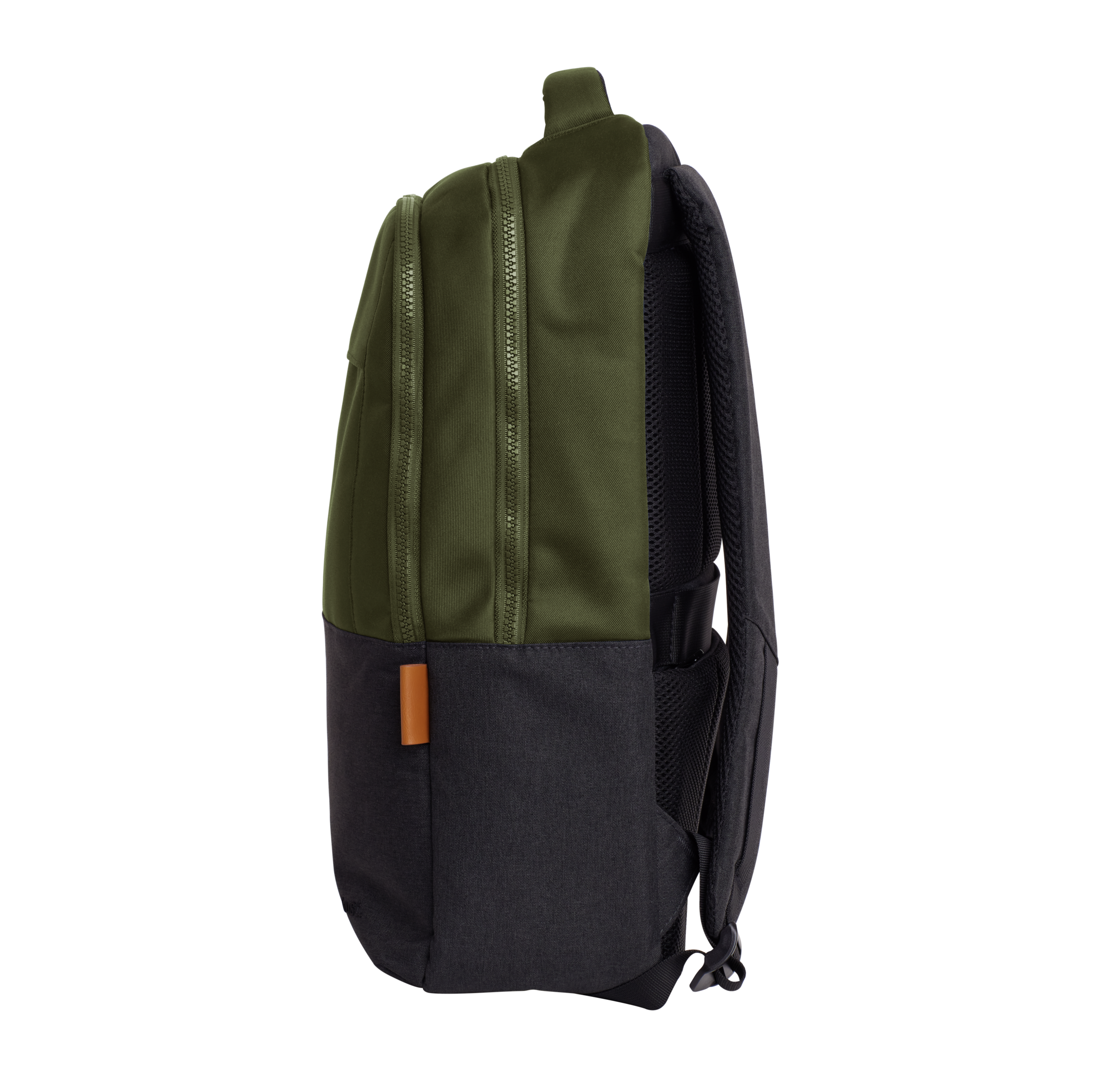 A backpack with green and black sections, brown tag, side view, black background.
