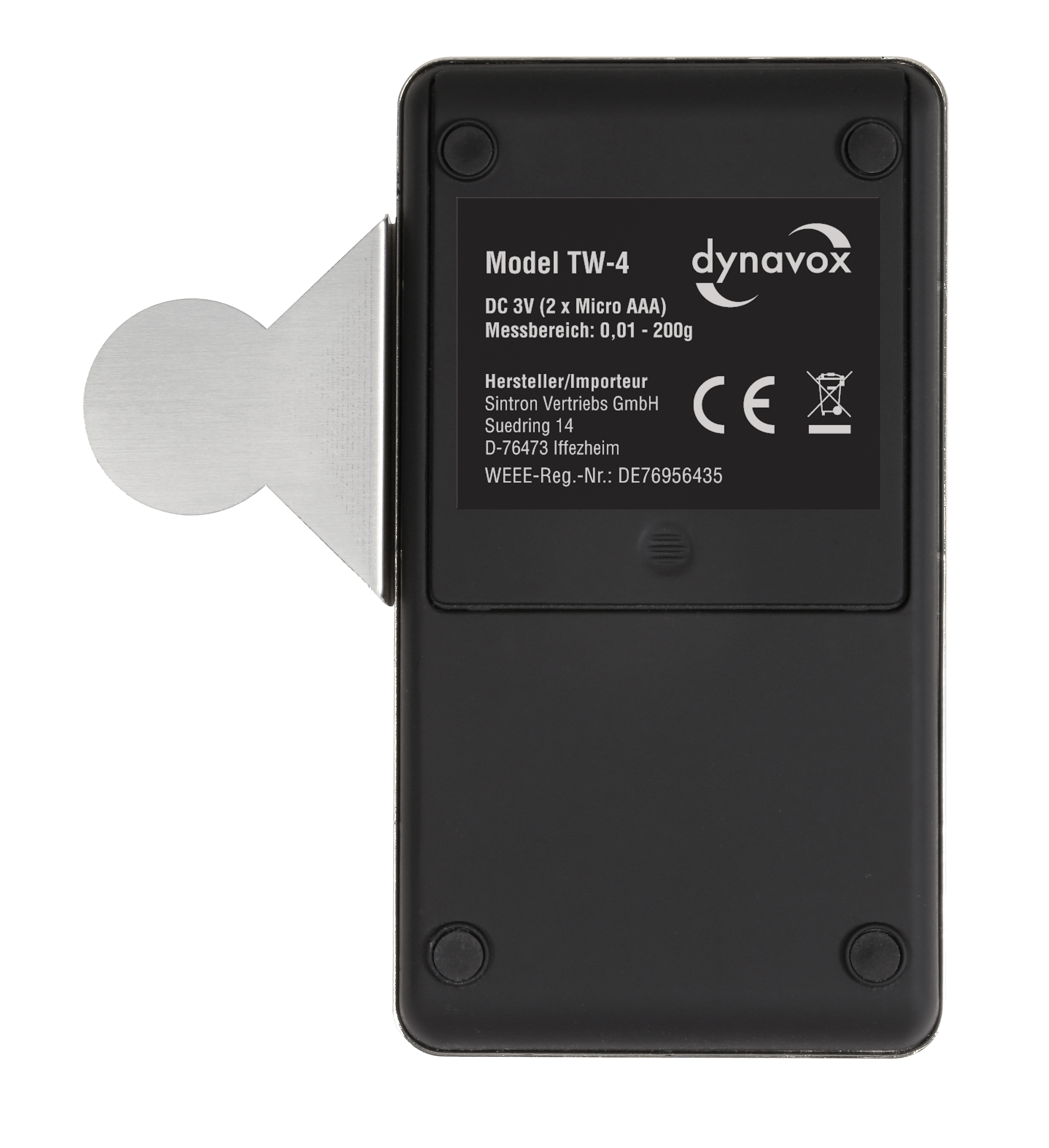 Die Rückseite eines schwarzen elektronischen Geräts mit Metallbefestigung, Text und Markierungen.
