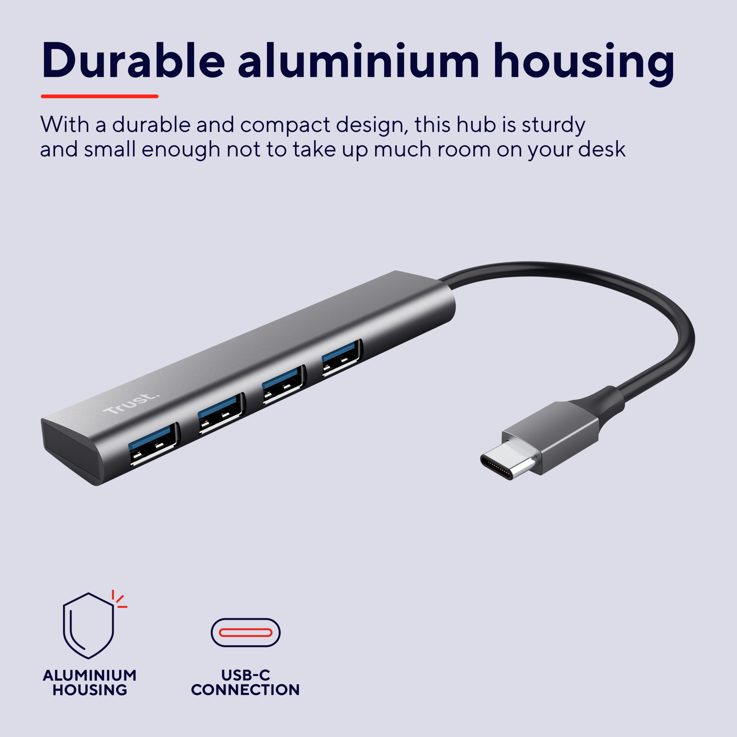 Een grijze USB-hub met USB-poorten en een USB-C-connector.