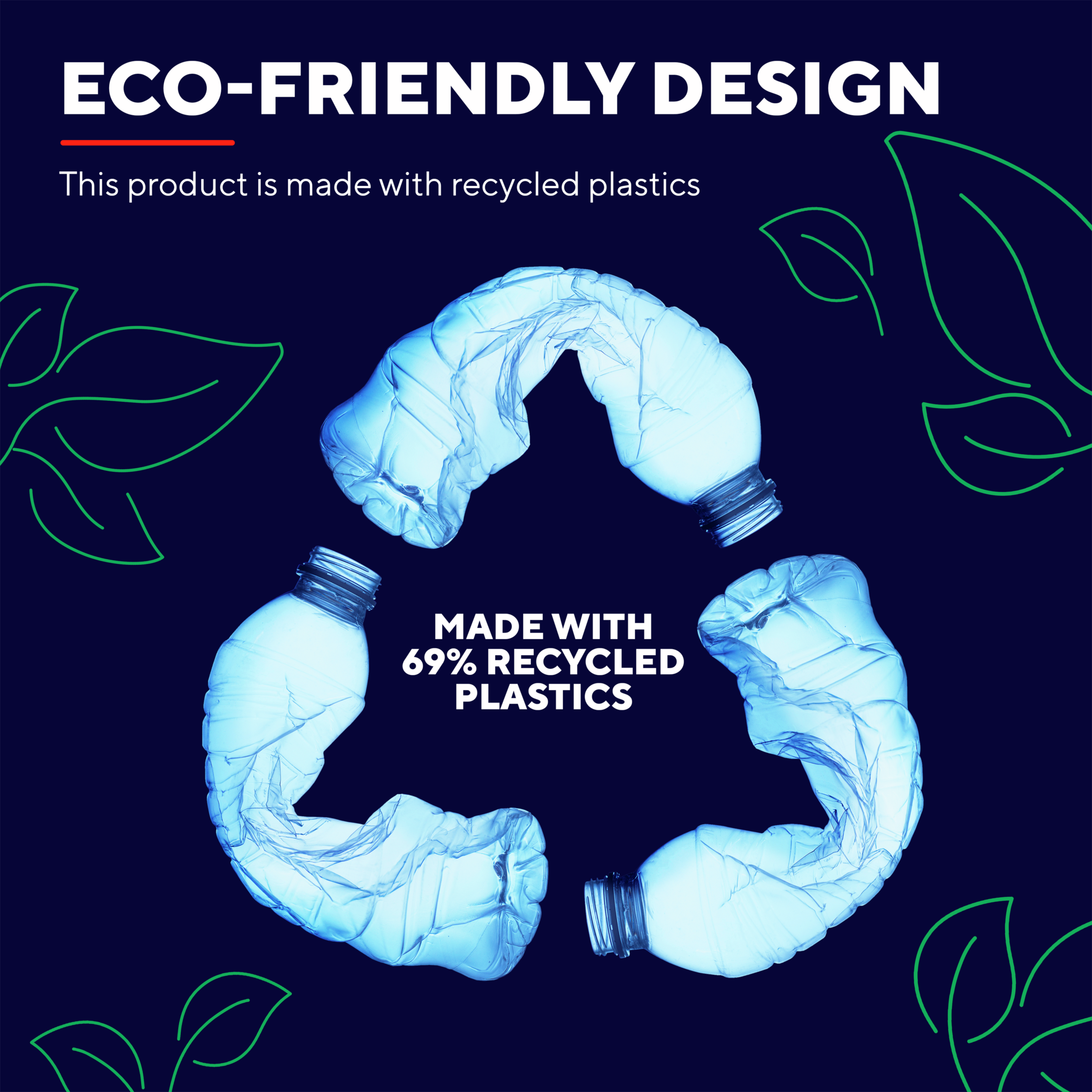 Niebieskie tło z symbolem recyklingu z plastikowych butelek, tekst mówi "Ekologiczny design".