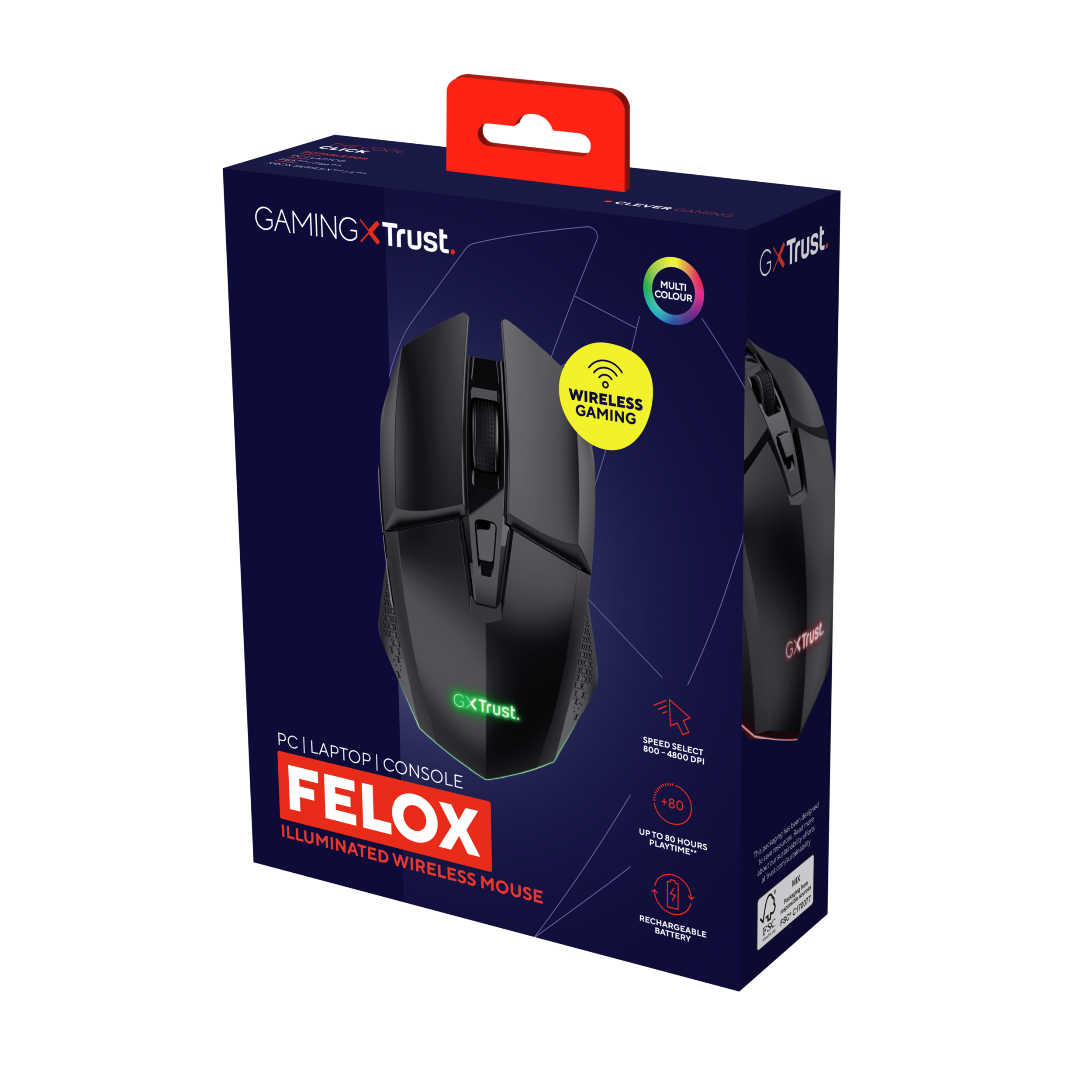 Souris gaming noire dans une boîte avec le nom du produit Felox.
