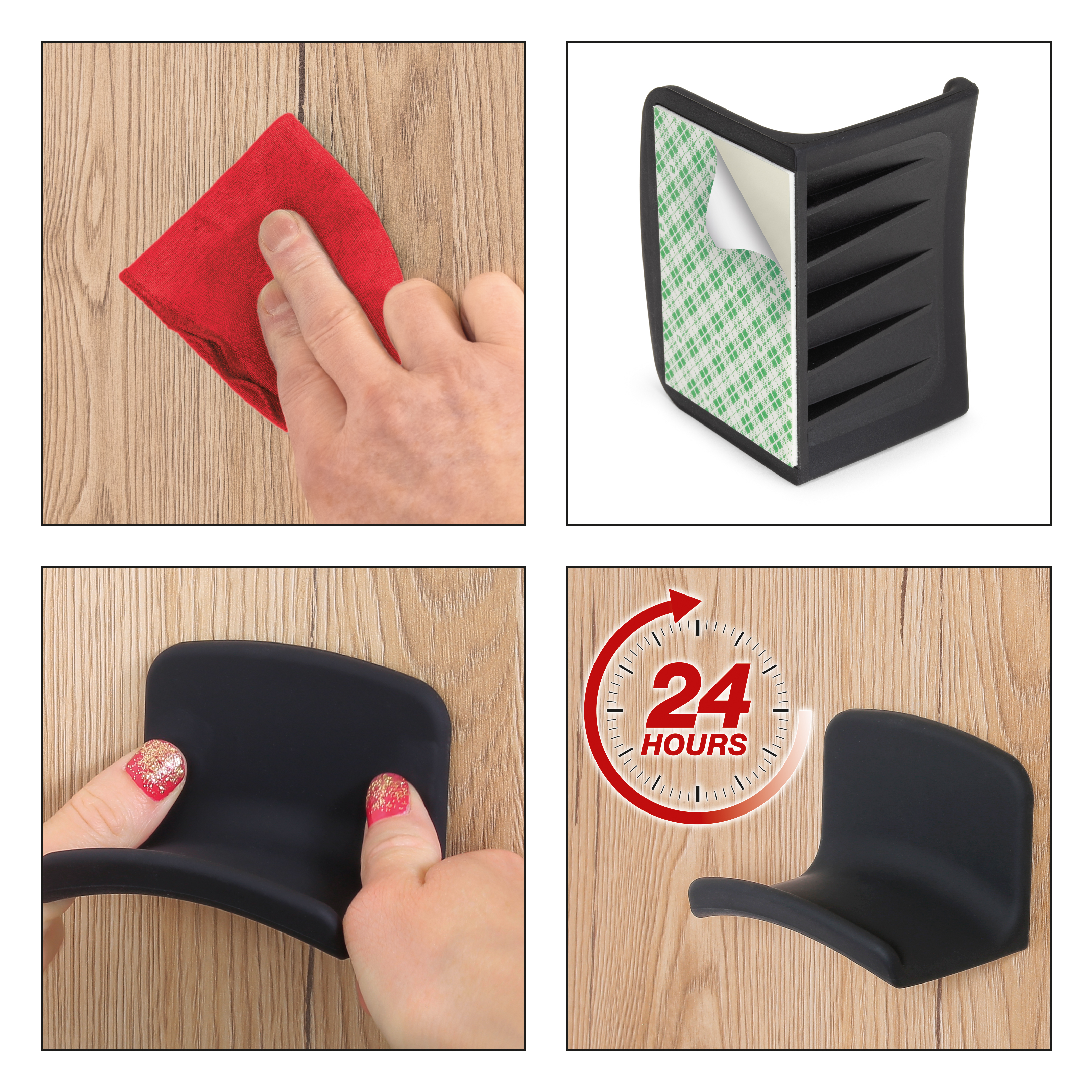 Bilder zeigen Eckenschützer und eine Hand, die einen verwendet. Der Schutz ist schwarz mit Klebstoff.