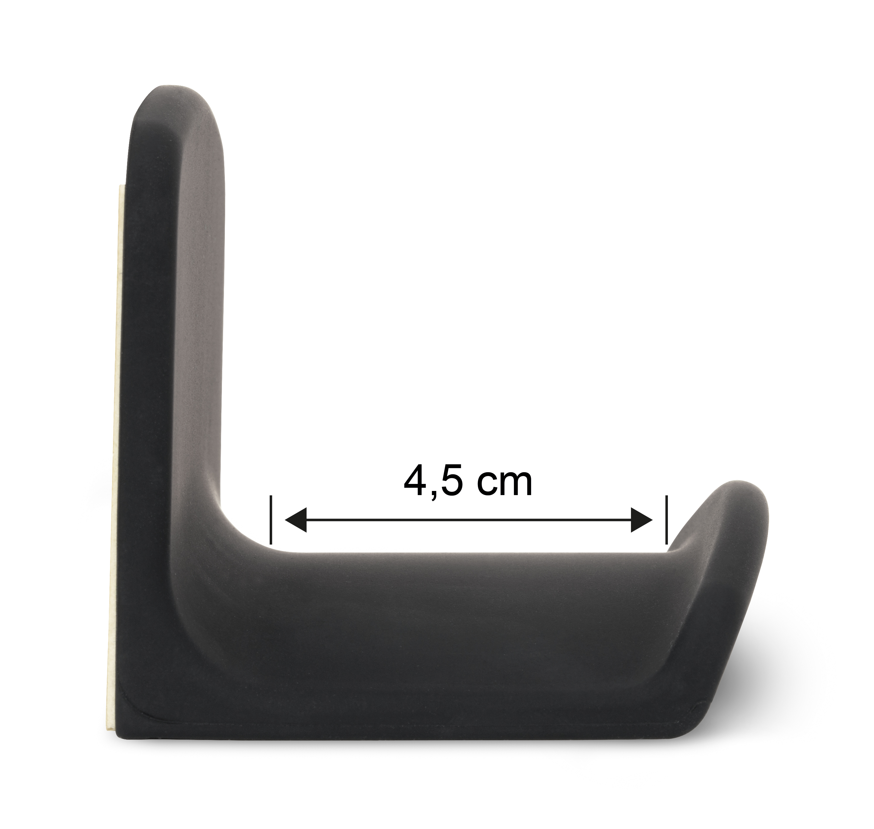 Ein schwarzer Haken mit einem Maß von 4,5 cm auf weißem Hintergrund.