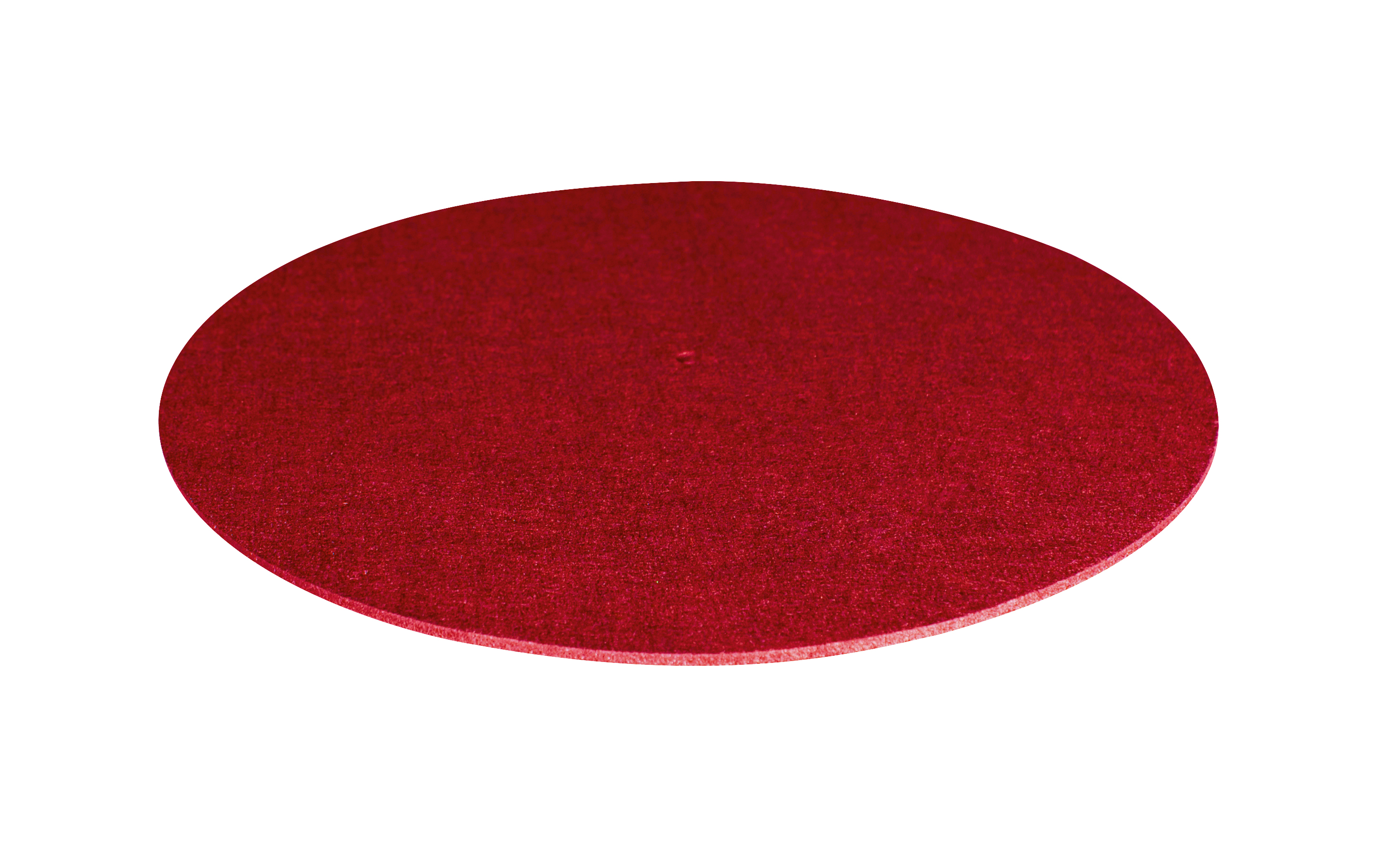 Rote runde Matte. Es ist eine gleichmäßige, einfarbige rote Farbe. Die Matte scheint aus Filz zu sein.