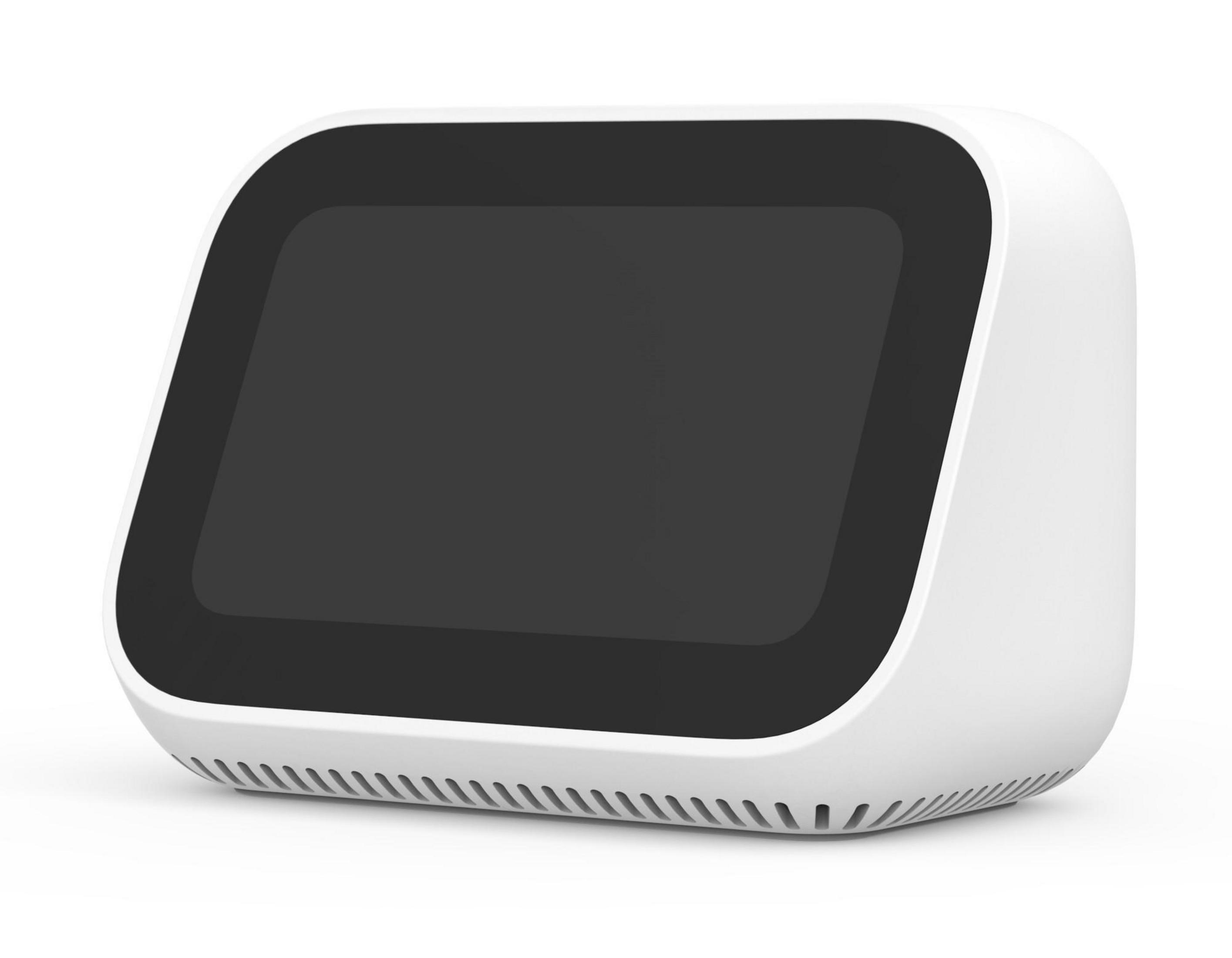 Ein weißes Smart Display mit schwarzem Bildschirm, rechteckiger Form und Lautsprecher unten.