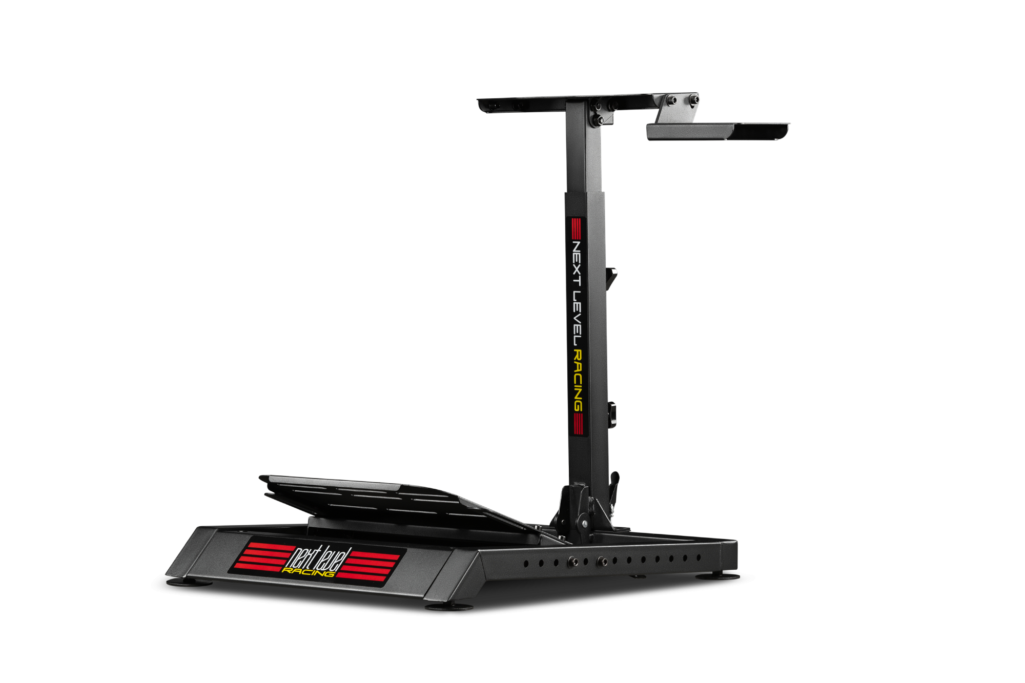 Ein schwarzer Rennsimulator-Ständer mit Basis, verstellbarem Pfosten und Pedalauflage.
