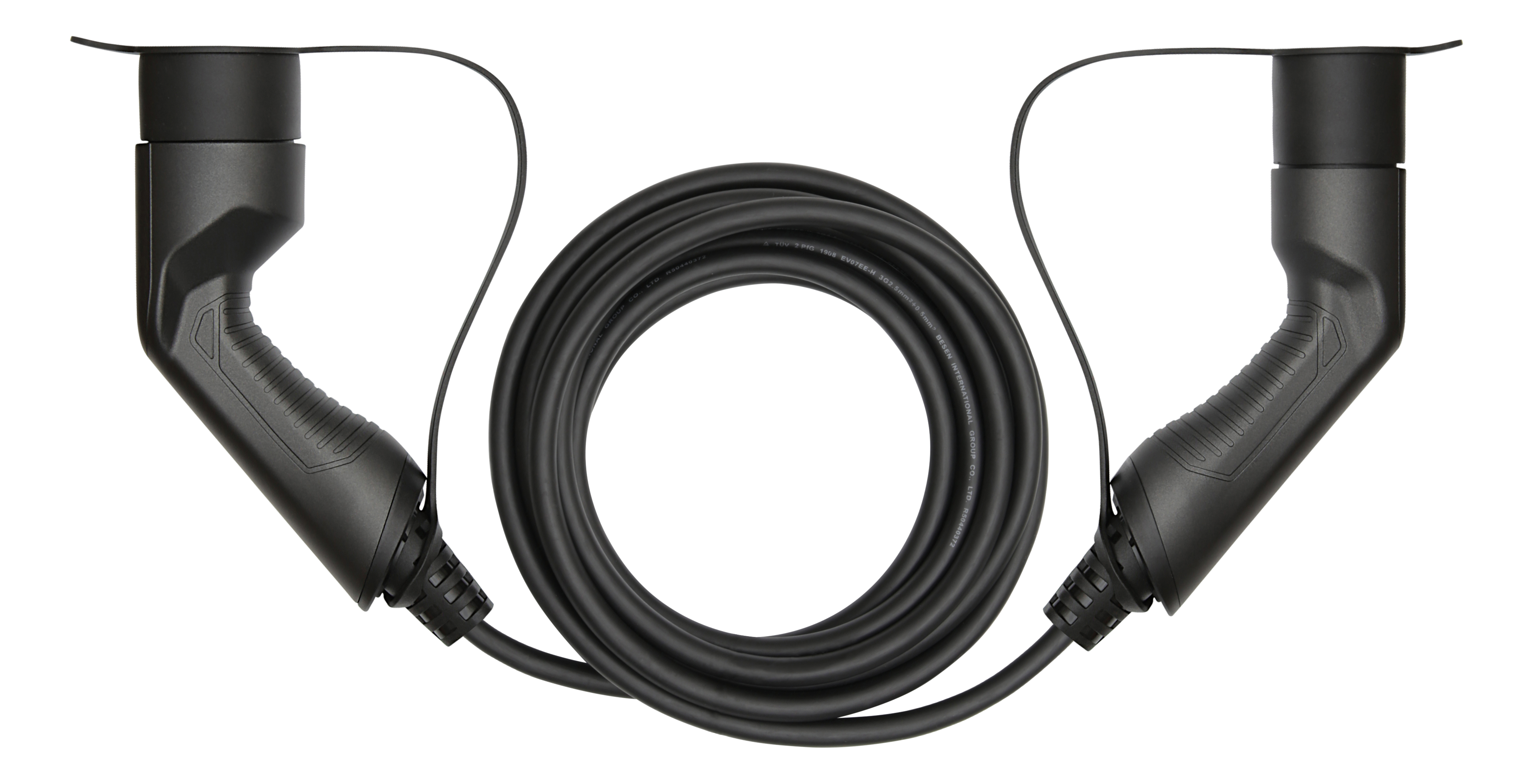 Two black electric vehicle charging cables with connectors, coiled in a line.