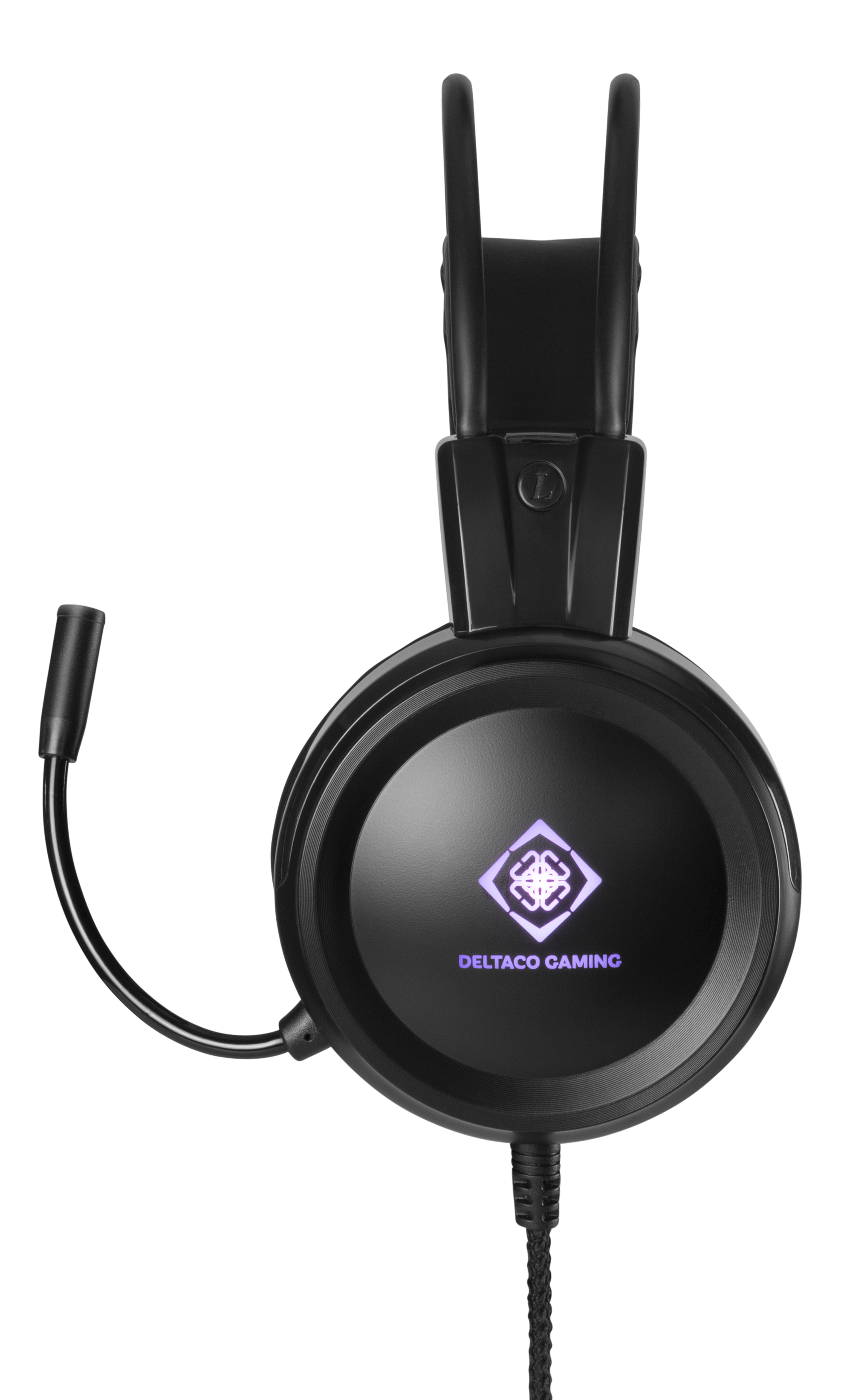 Schwarzes Gaming-Headset mit Mikrofon, Logo und Kabel, vor weißem Hintergrund.