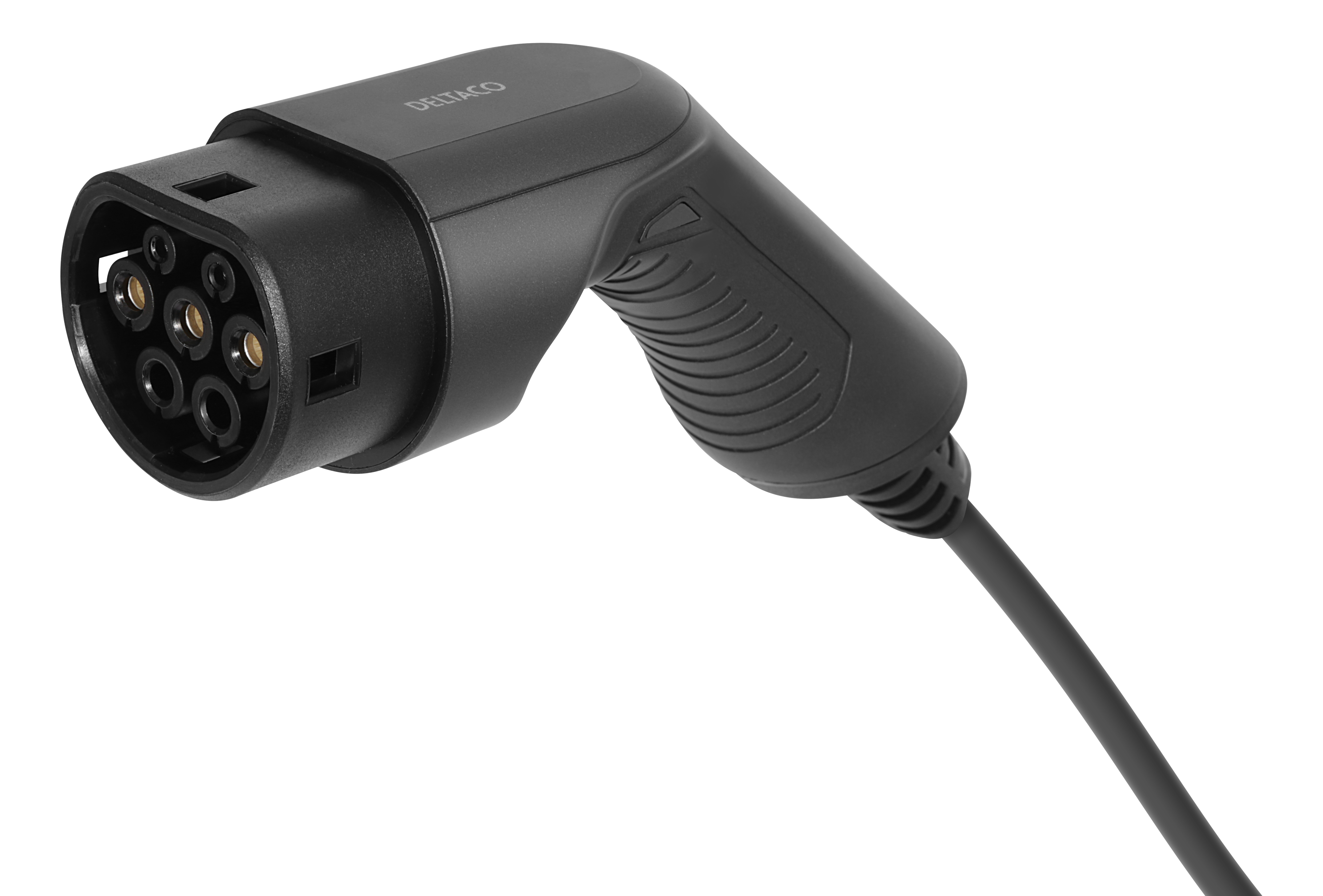 A black charging plug for an electric vehicle with a white background.