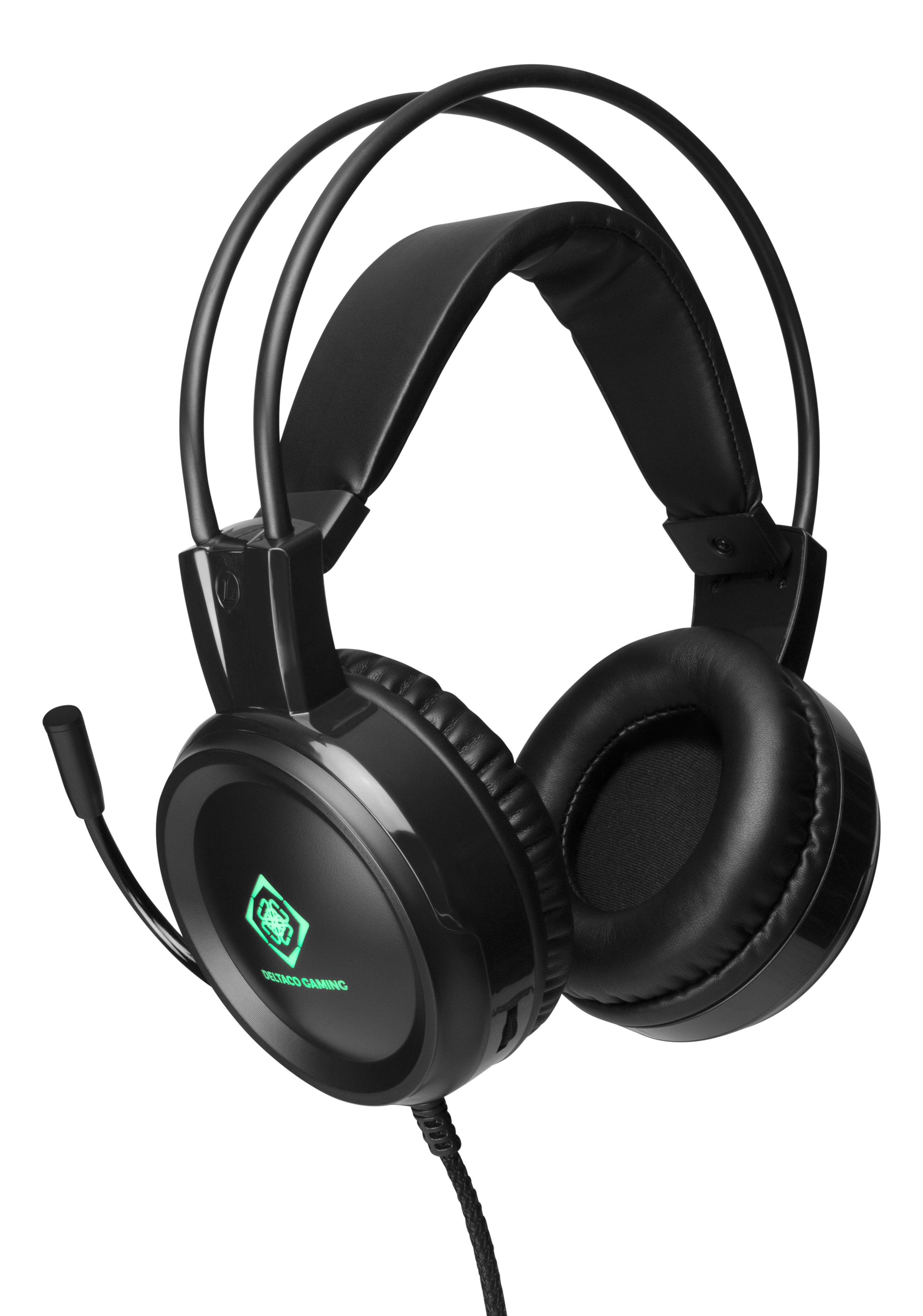 Schwarzes Gaming-Headset mit Mikrofon. Ohrmuscheln sind schwarz und gepolstert. Das Logo ist grün.