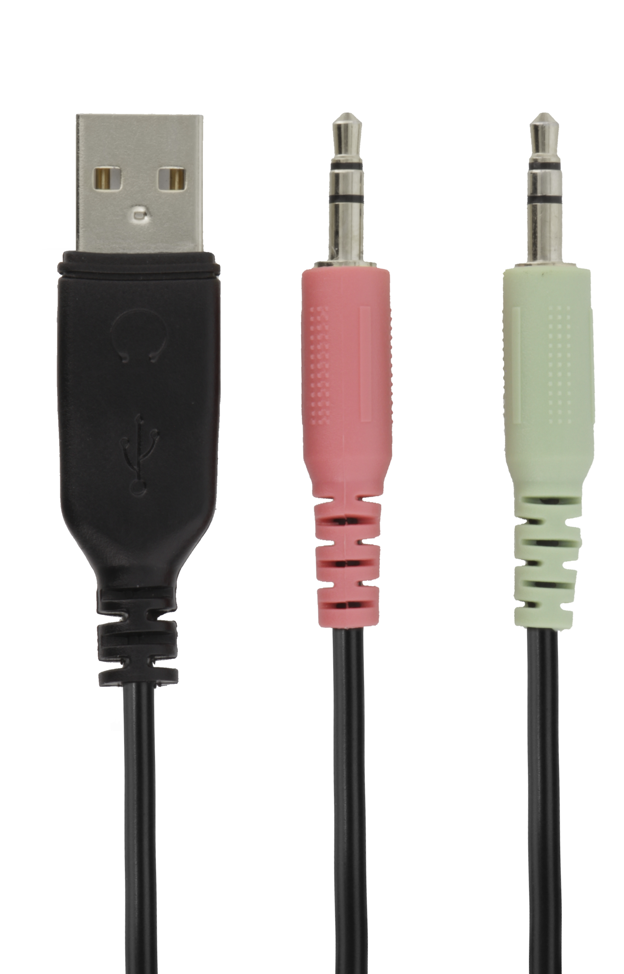 USB-zu-3,5-mm-Audiokabel: schwarzer USB, rosa und grüne Audioanschlüsse.
