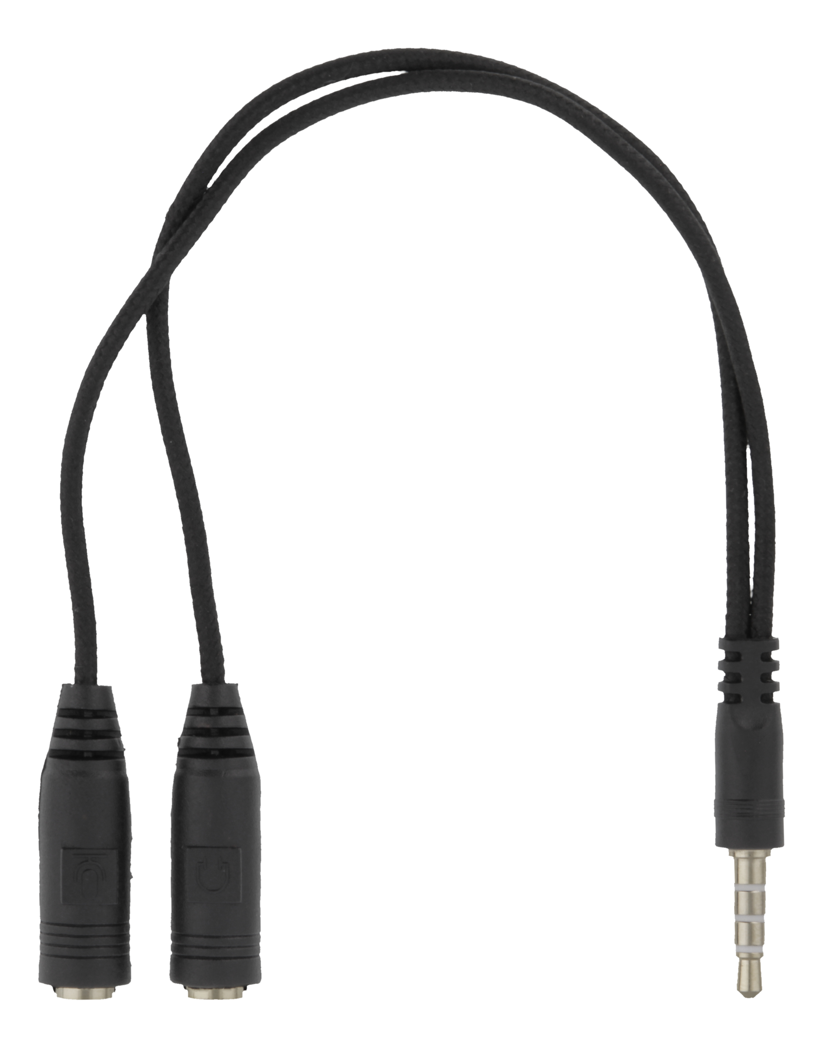 Schwarzes Audiokabel mit 3,5-mm-Klinke an einem Ende und zwei Buchsen am anderen Ende.