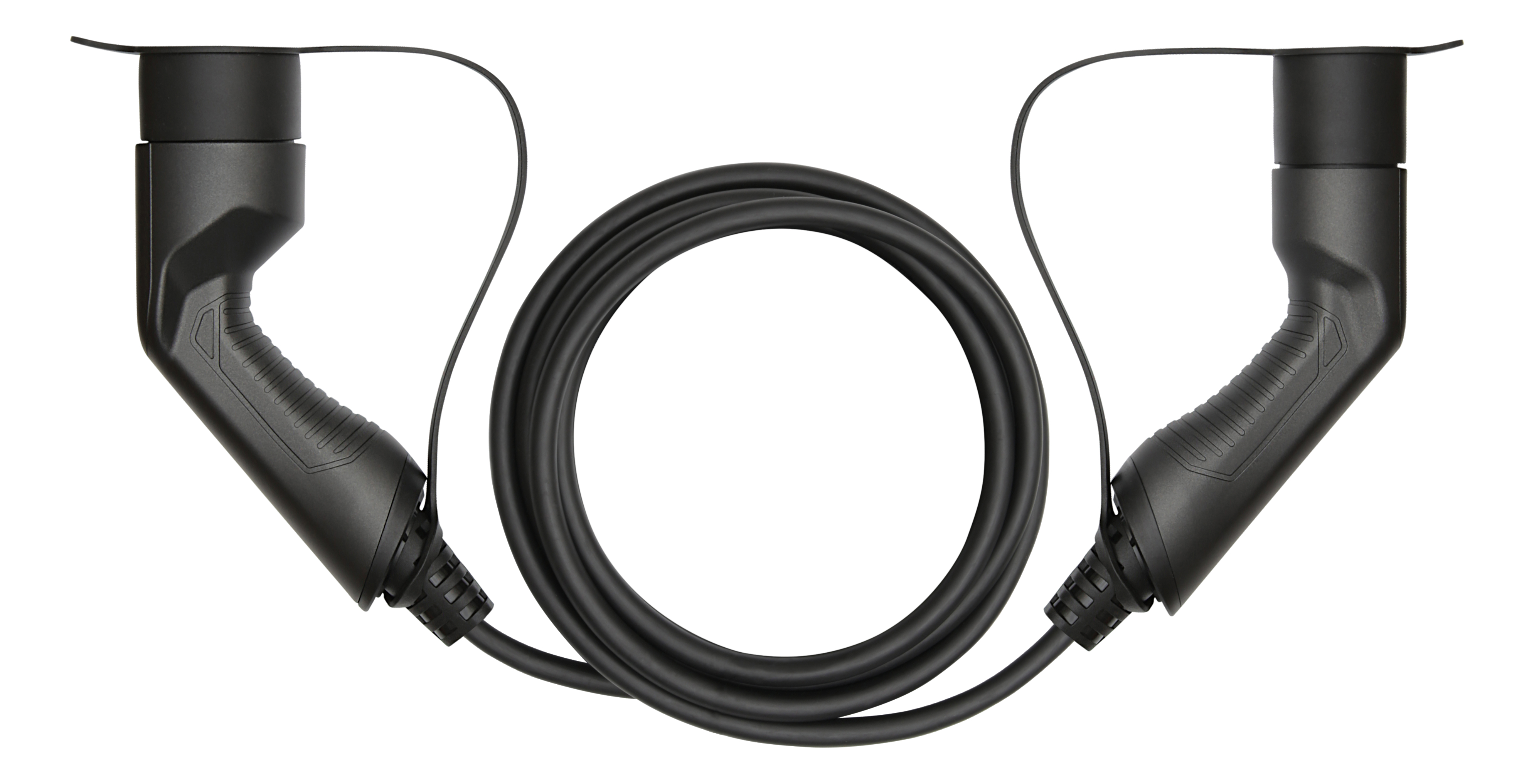 Black electric vehicle charging cable with two connectors and a coiled cable.