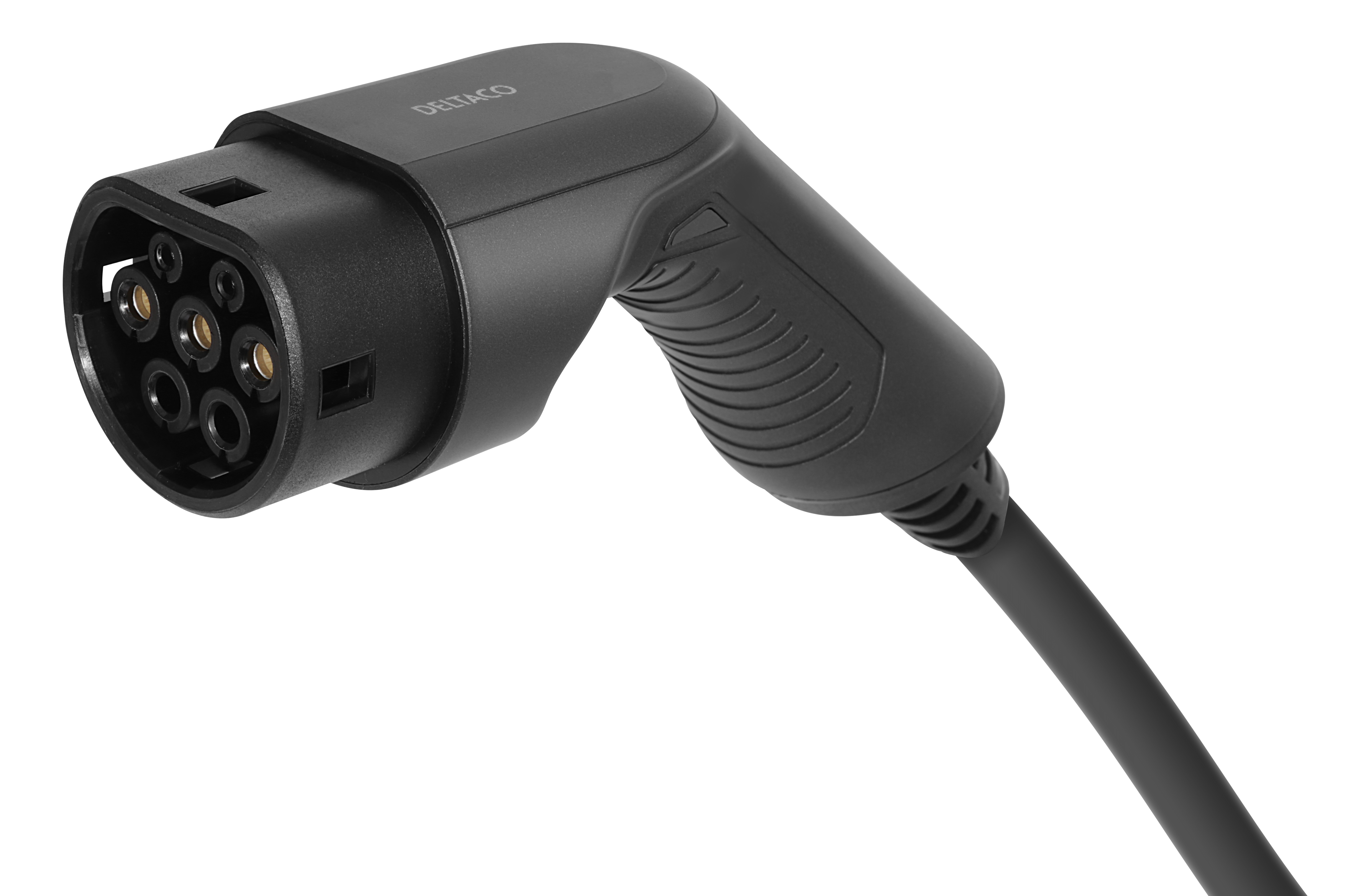Black EV charger with a curved handle and a cable, isolated on white. The brand is Deltaco.