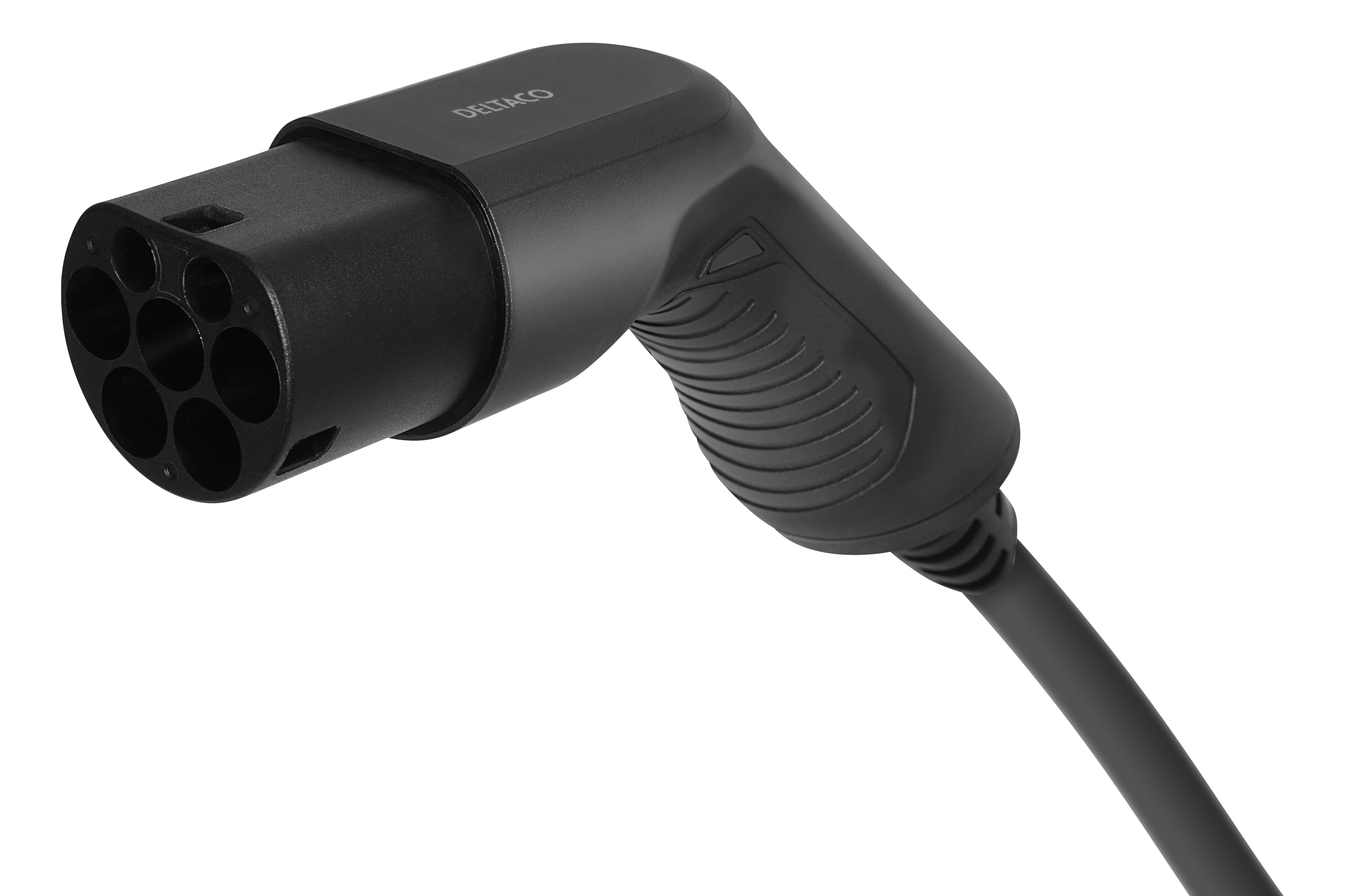 Black charging plug for an electric vehicle, with a black cable.
