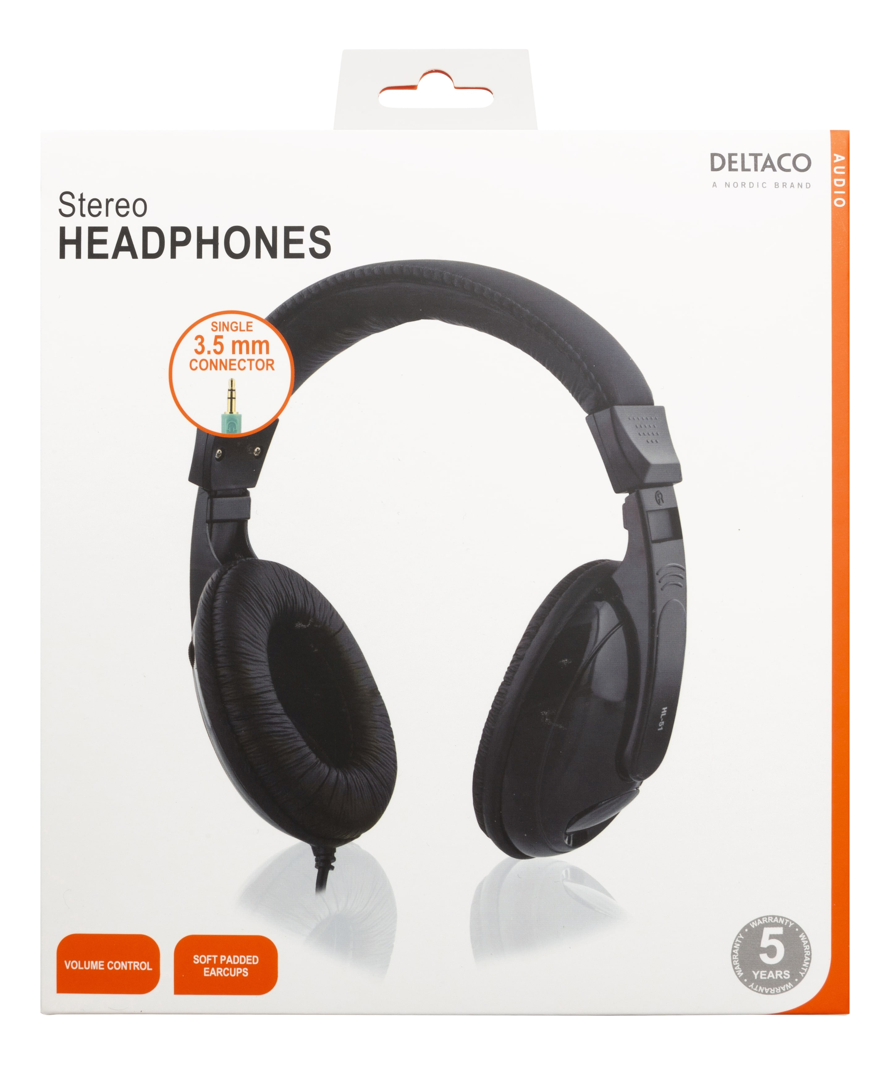 Eine Kopfhörerbox mit einem Bild von schwarzen Kopfhörern und dem Text "Stereo HEADPHONES".