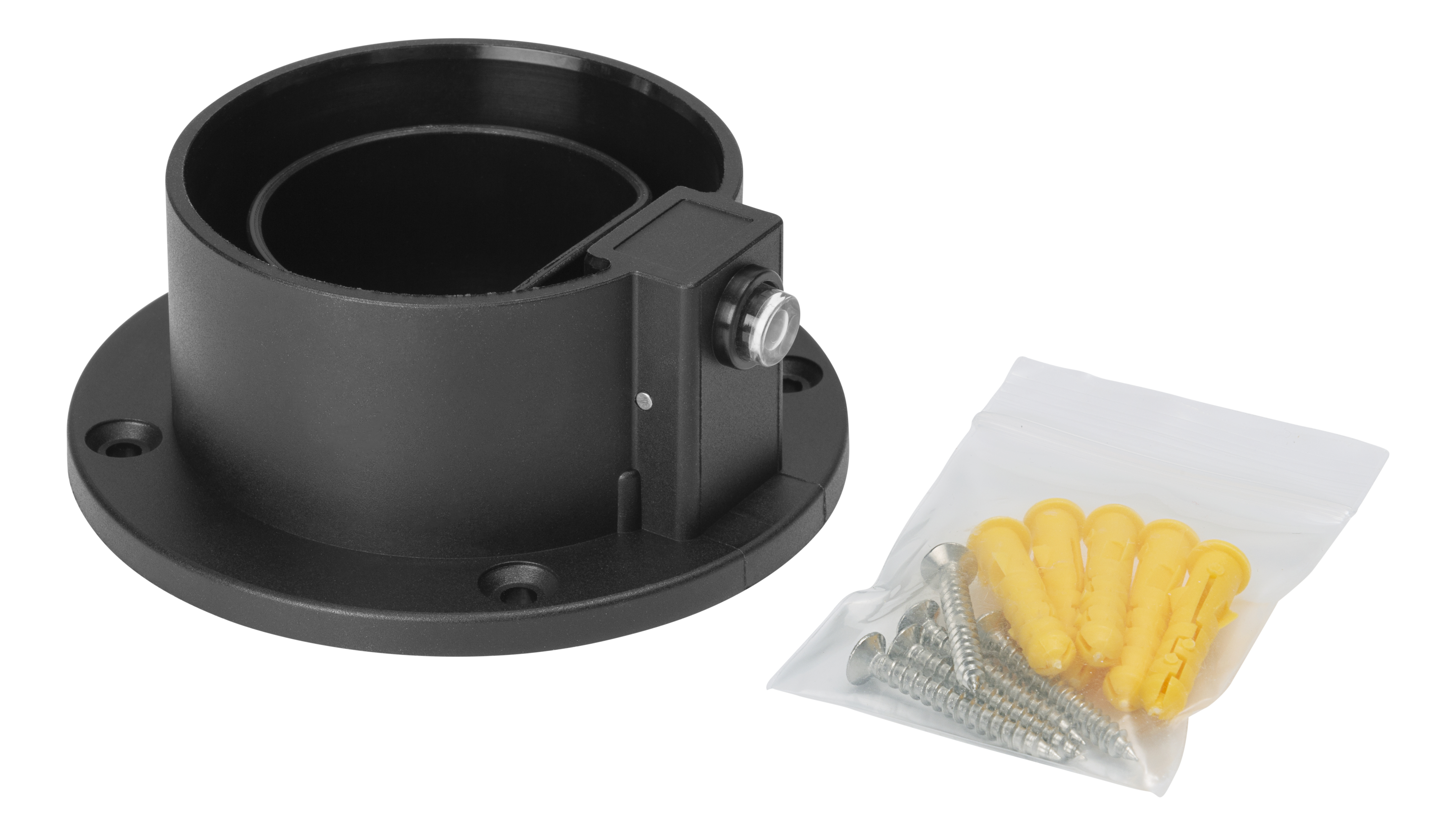 Black circular wall mount, screws, and yellow plugs in a transparent plastic bag. White background.
