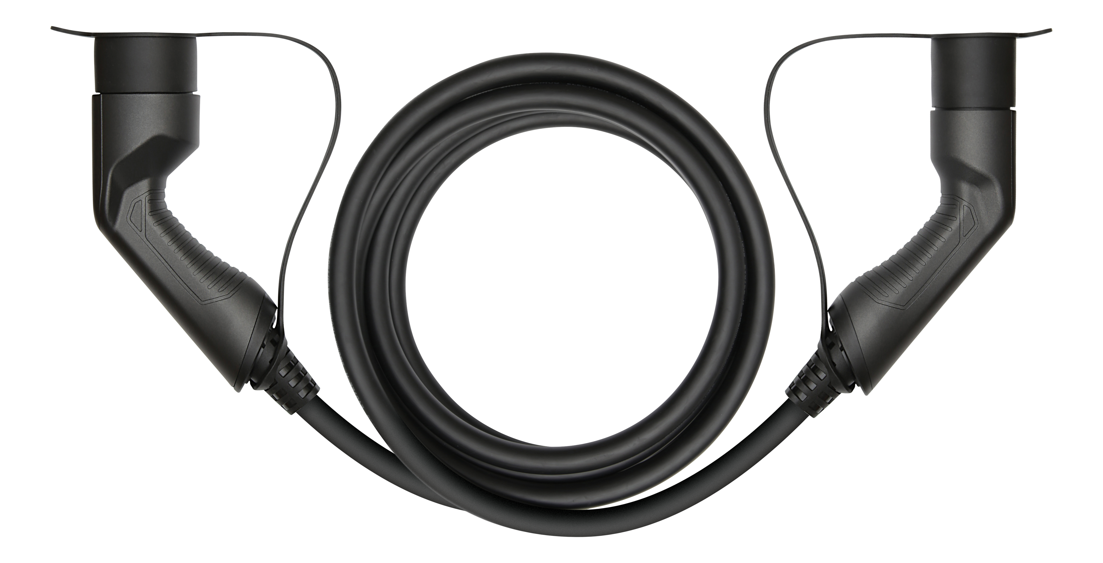 Black EV charging cable with two connectors, coiled. White background.