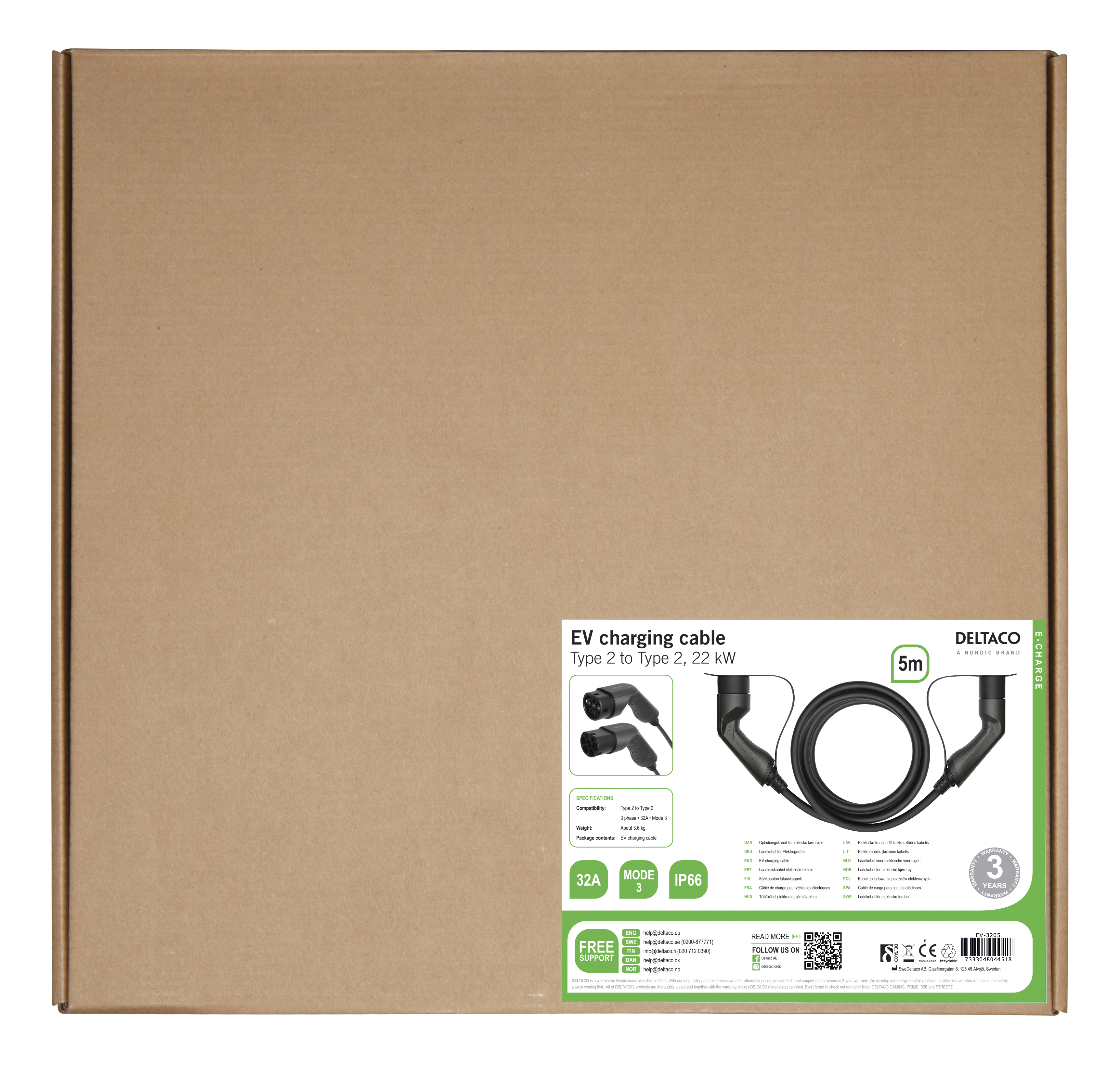 Brown cardboard box with an EV charging cable diagram and text. White background.