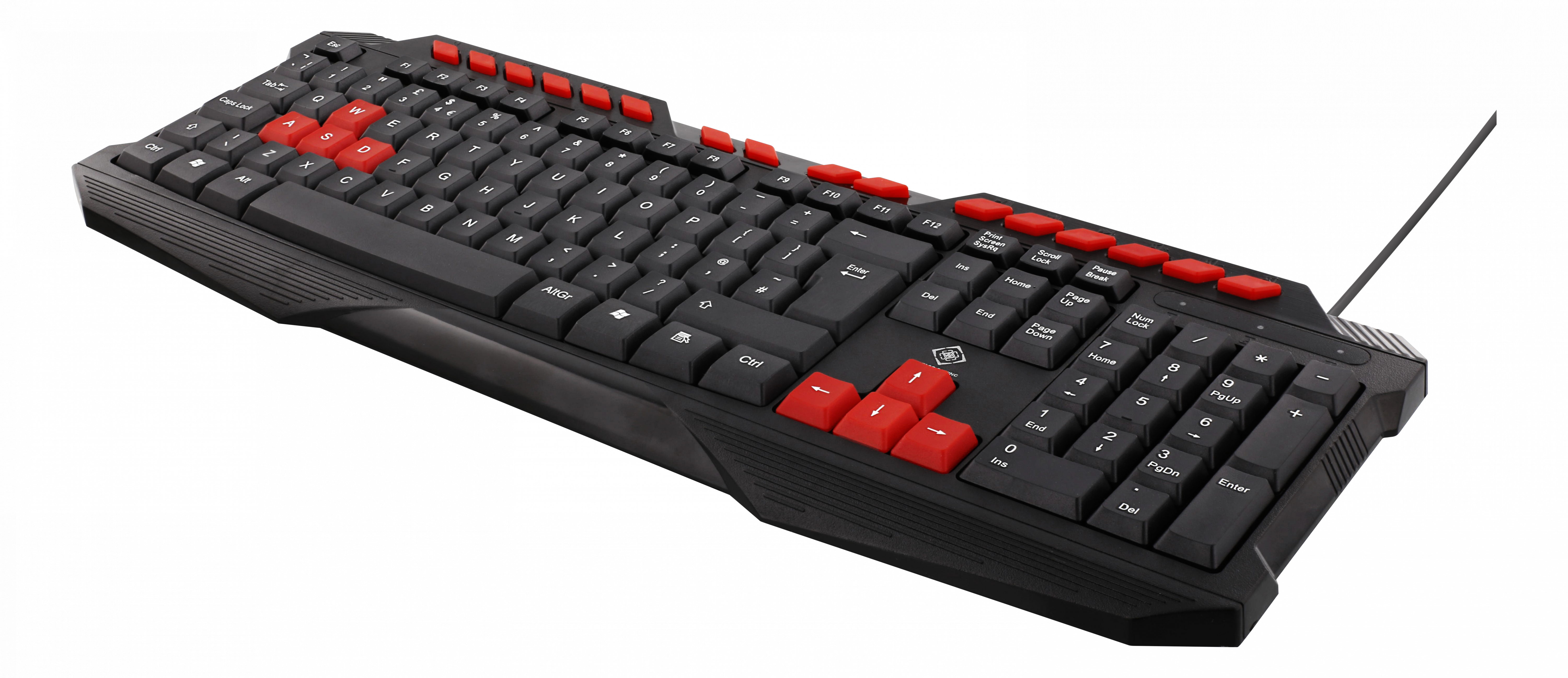 Eine schwarze Tastatur mit roten Tasten und Akzenten.
