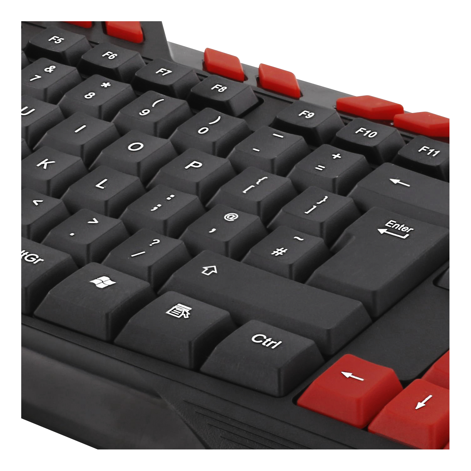 Nahaufnahme einer schwarzen Tastatur mit roten Tasten. Die Tastatur hat Standardtasten.
