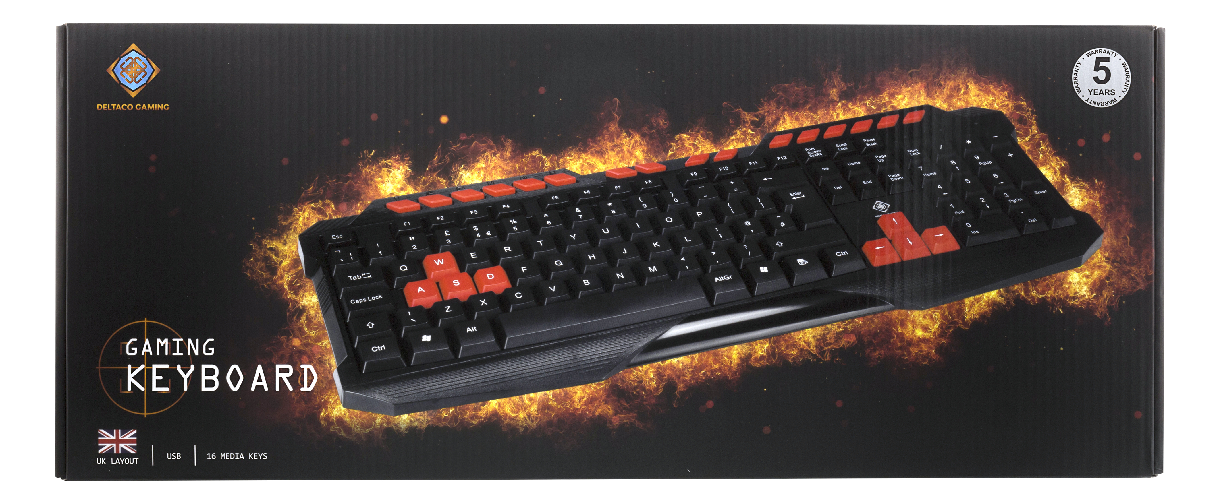 Eine schwarz-rote Gaming-Tastatur in ihrem Karton. Text: GAMING KEYBOARD, 5 YEARS WARRANTY.