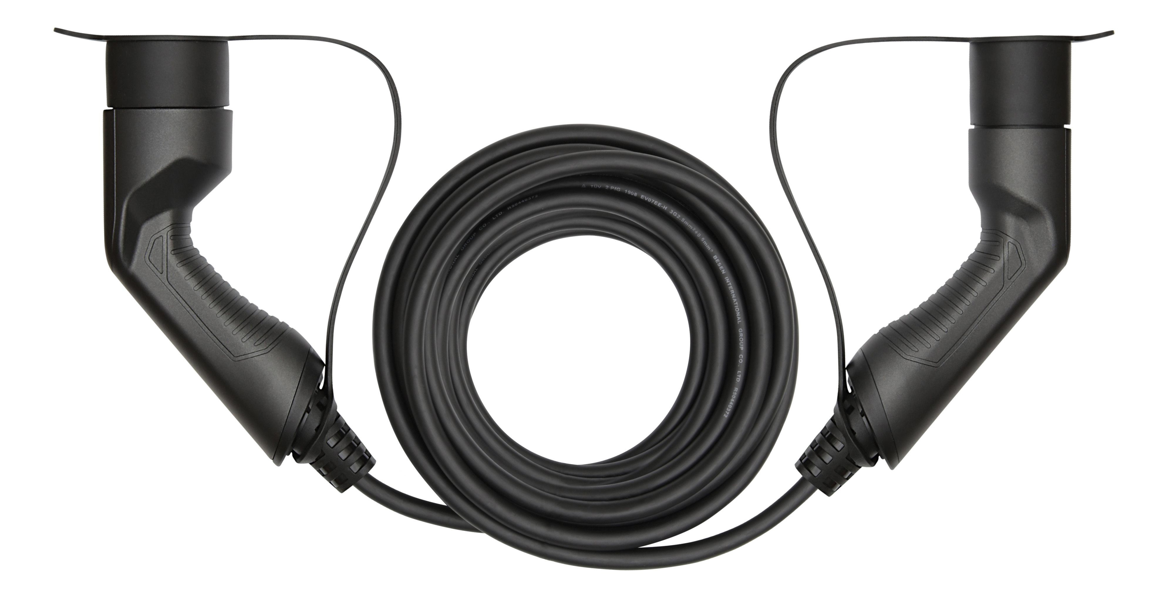 Two black electric vehicle charging cables with connectors and a coiled cable in between.