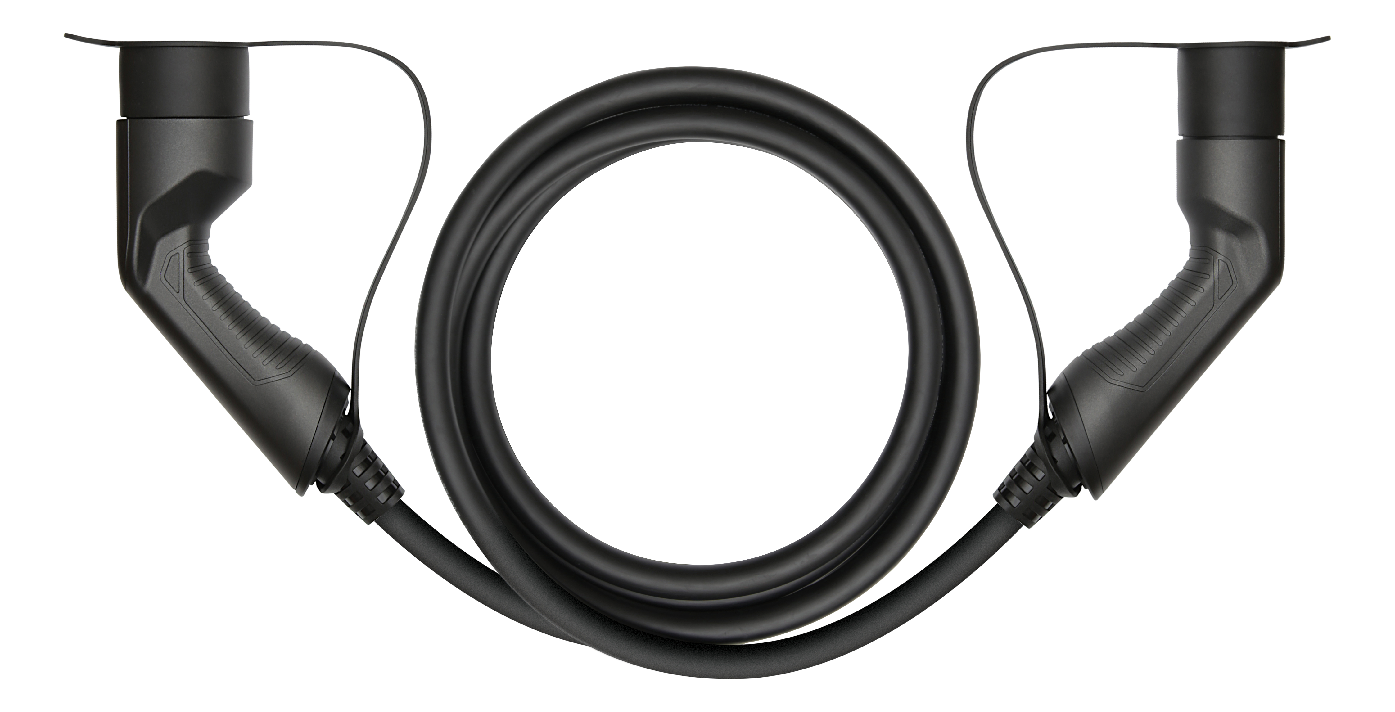 Two black charging connectors connected by a coiled black charging cable.