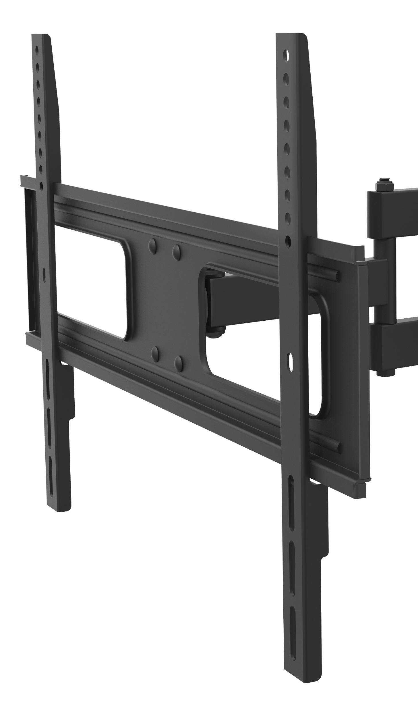 Schwarze TV-Wandhalterung, mit Montagearmen.