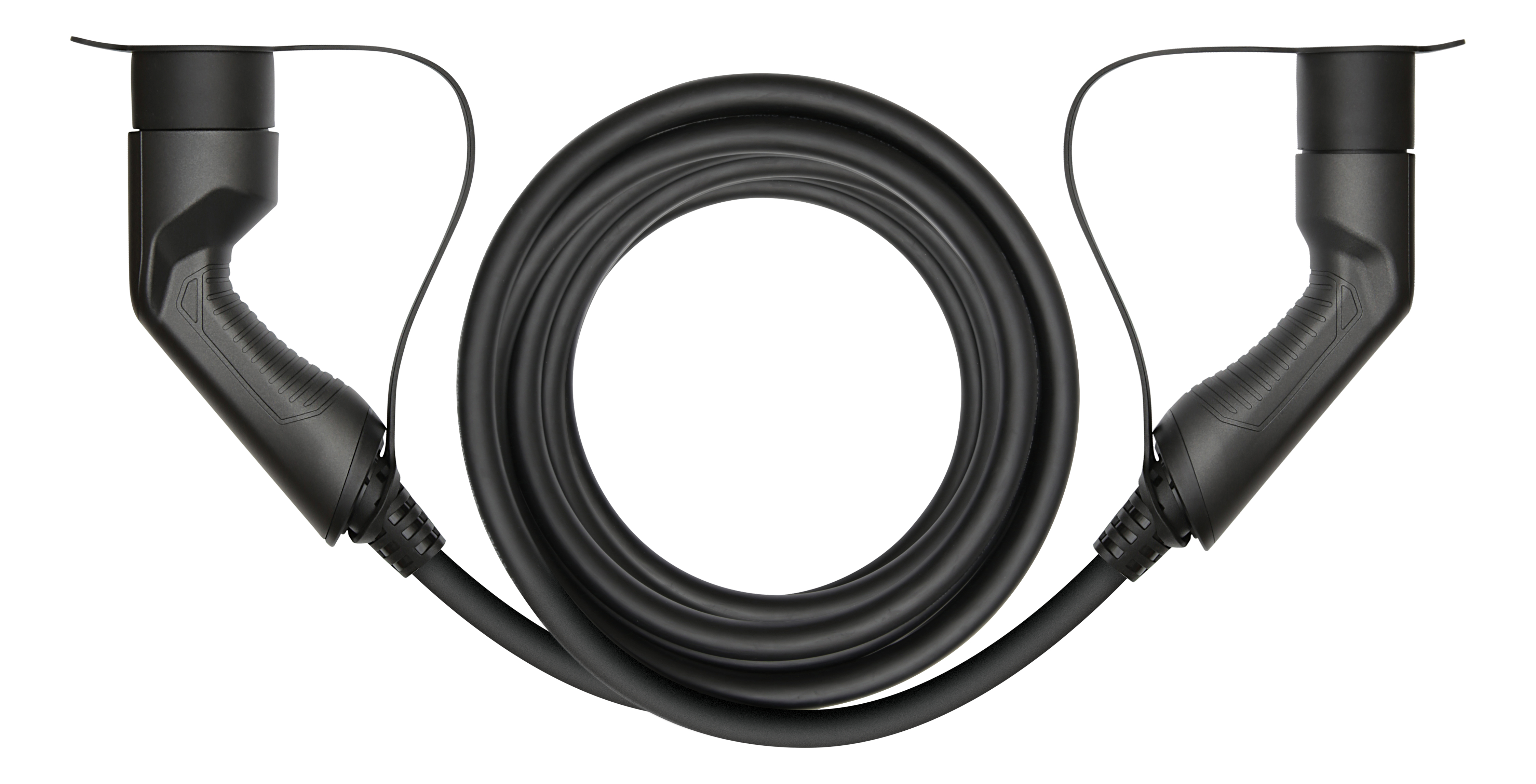 Black charging cable with connectors on both ends, in a horizontal position on white background.