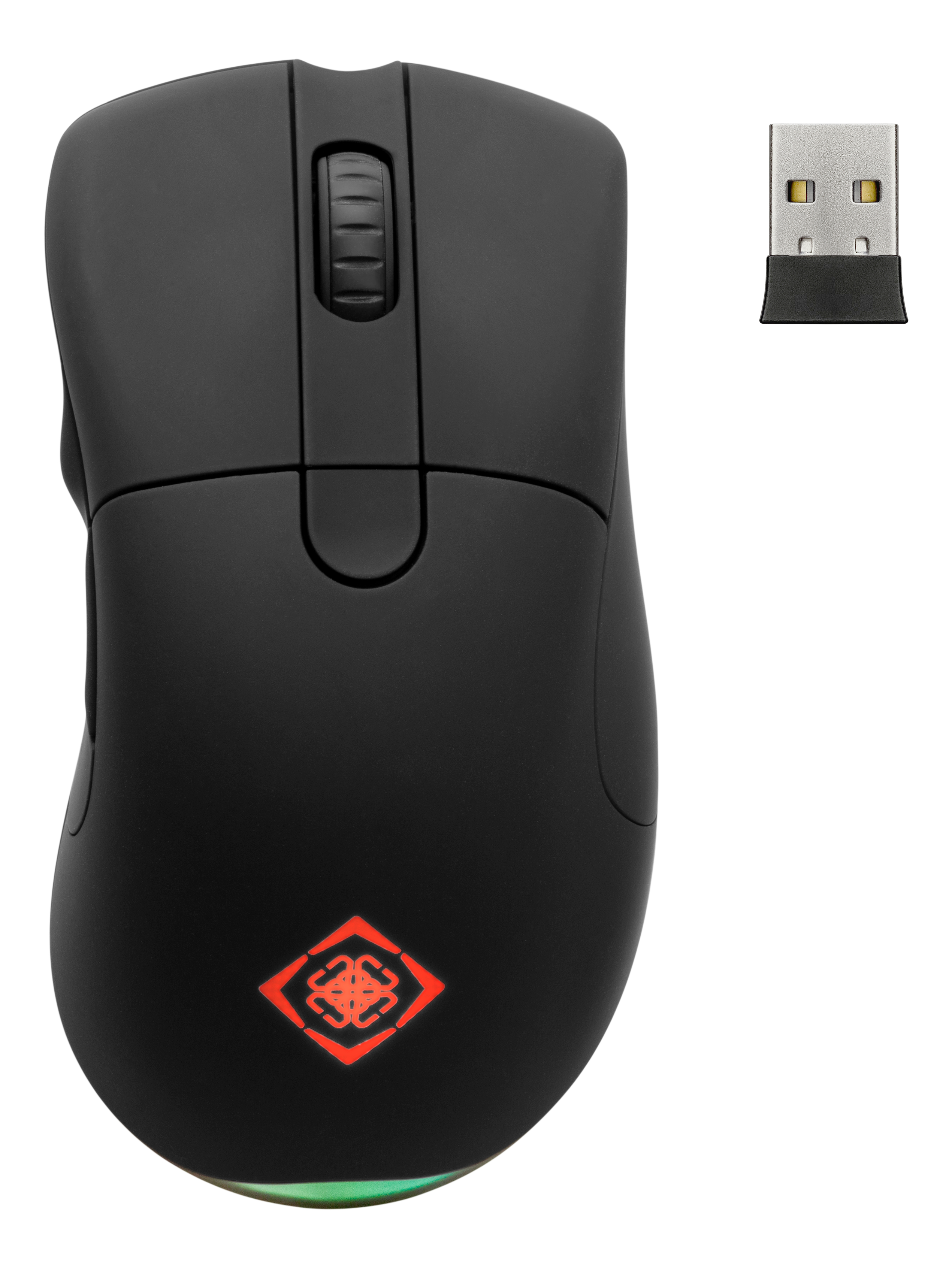 Een zwarte muis met een rood logo en een USB-ontvanger op een witte achtergrond.