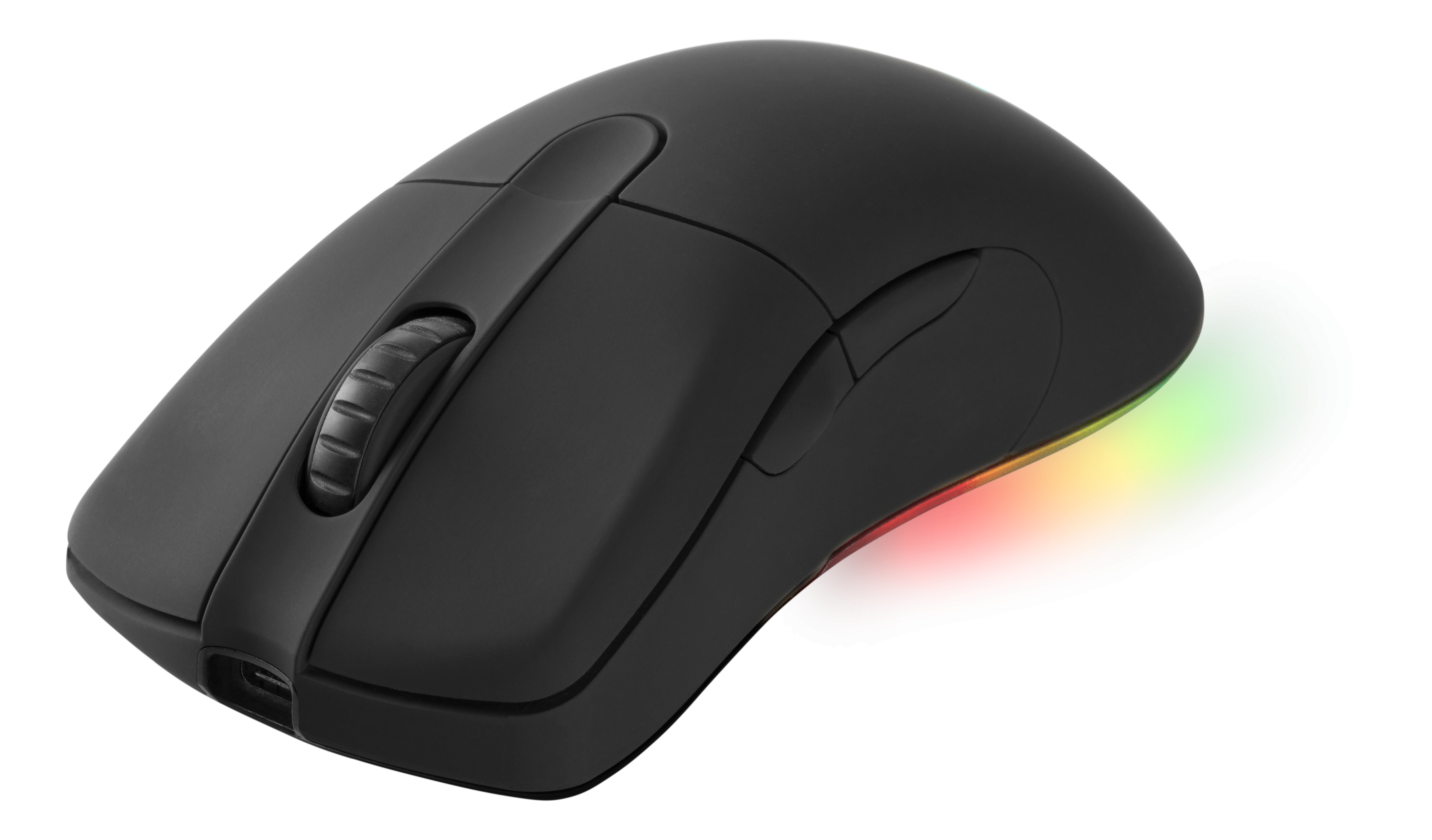 Een zwarte computermuis met een scrollwiel en gekleurde lampjes aan de basis.