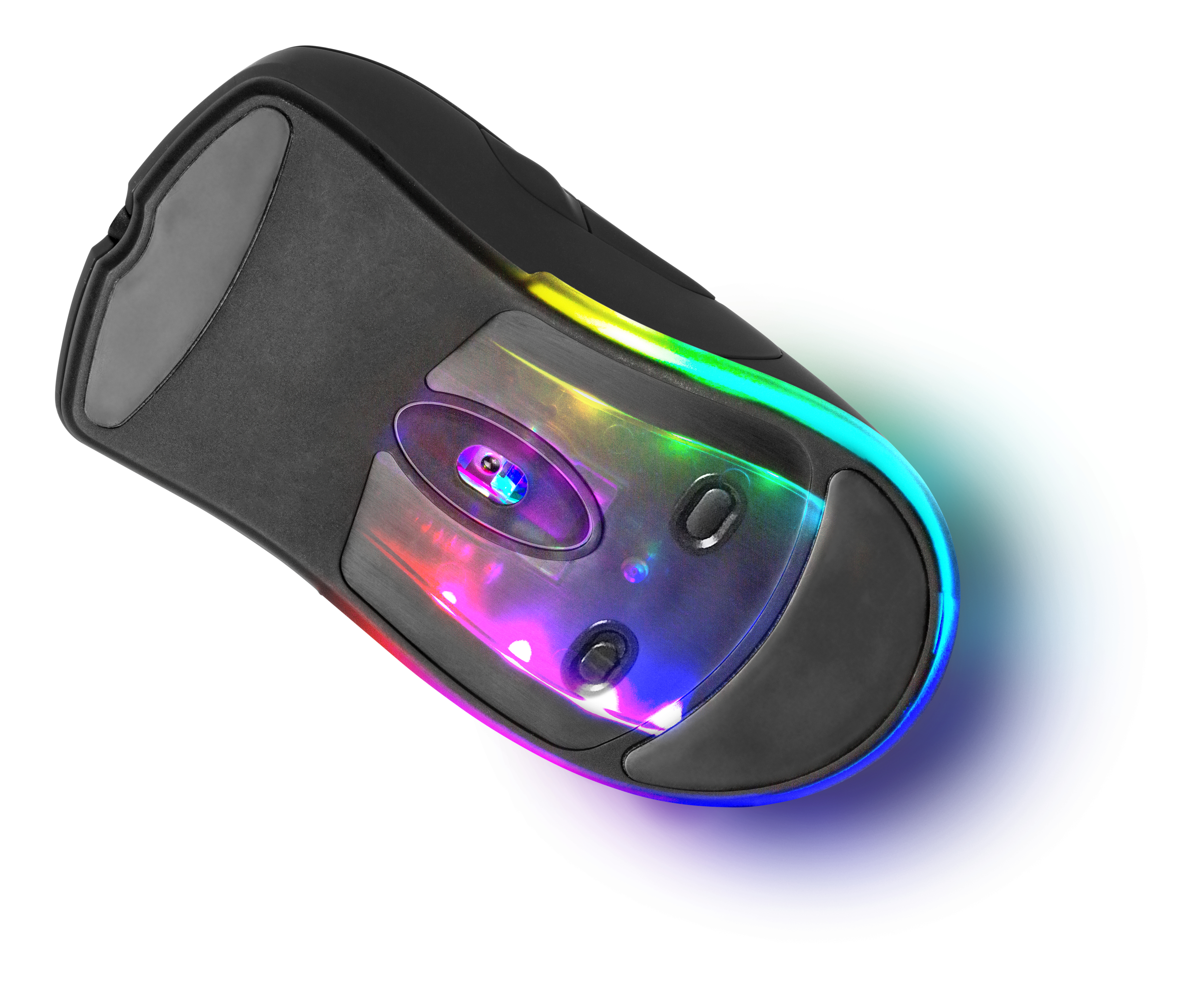 Zwarte computermuis met kleurrijke RGB-verlichting aan de onderkant, op een witte achtergrond.