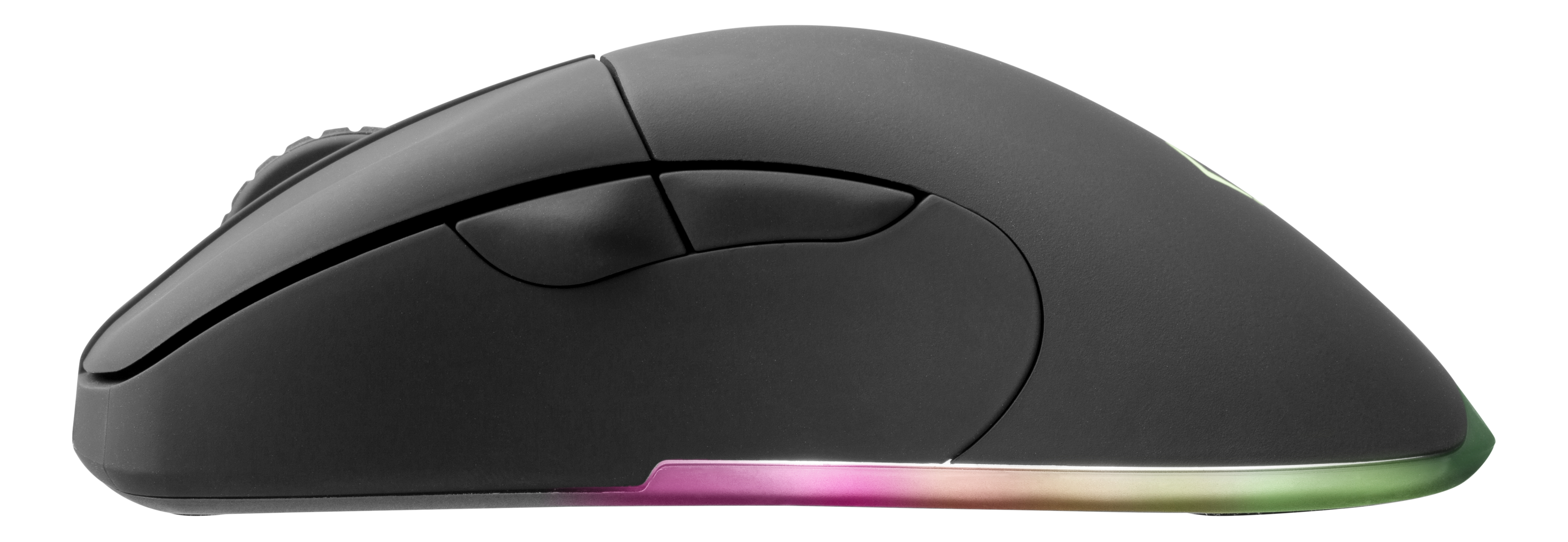 Zwarte gamingmuis met twee zijknoppen en een scrollwiel. De basis heeft een gekleurd licht.