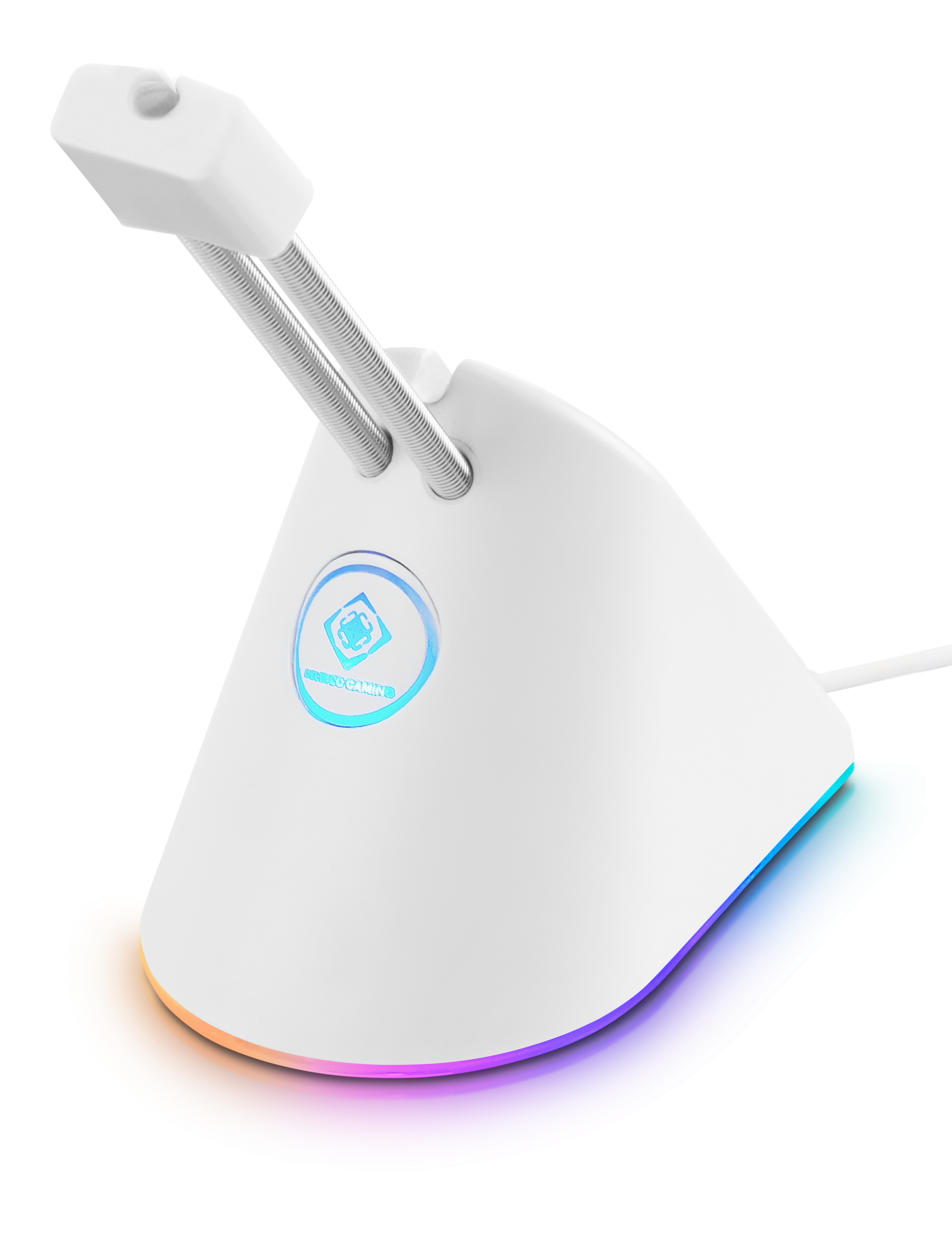 Ein weißer Gaming-Maus-Kabelhalter mit farbenfrohem LED-Sockel und weißem Kabel.