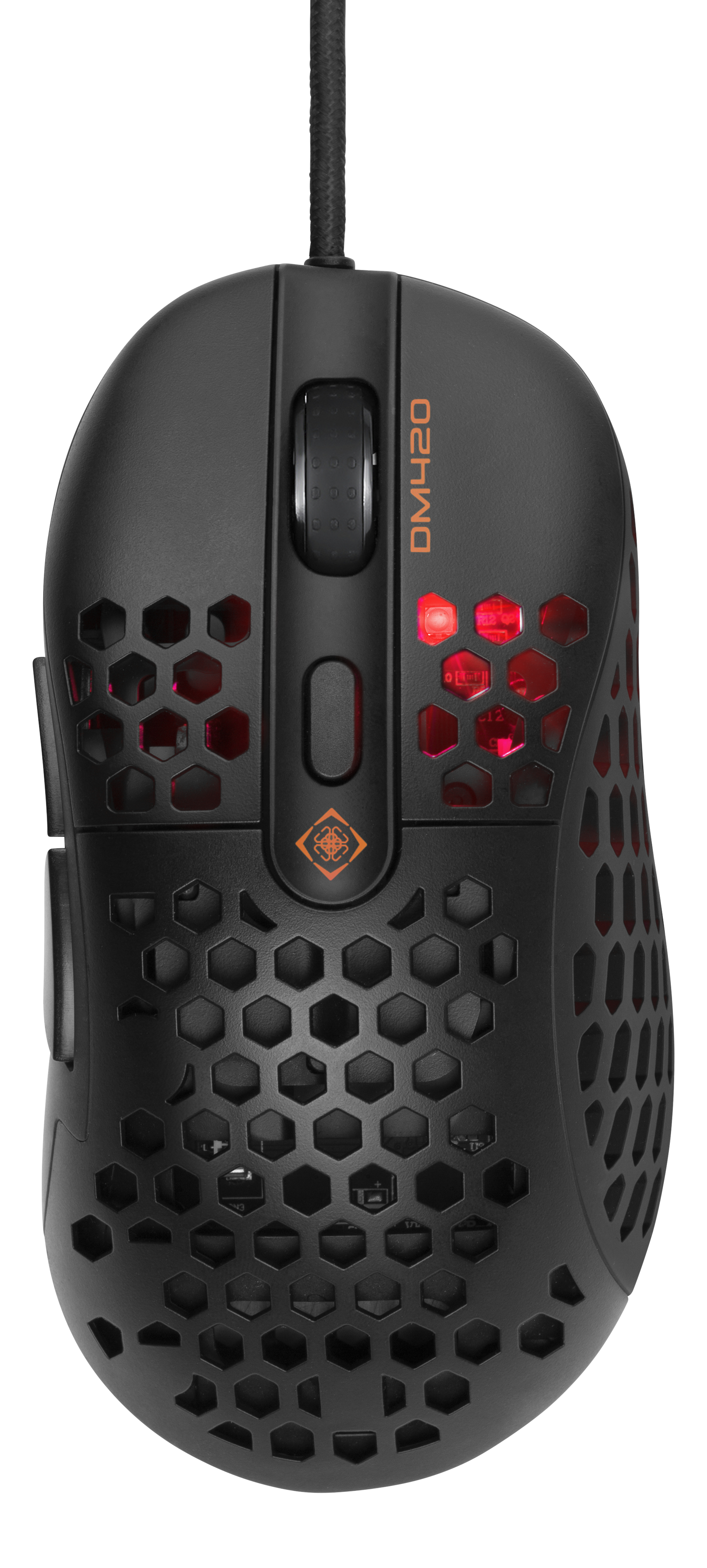 Schwarze Gaming-Maus mit Wabenmuster, roten Lichtern und Kabel.