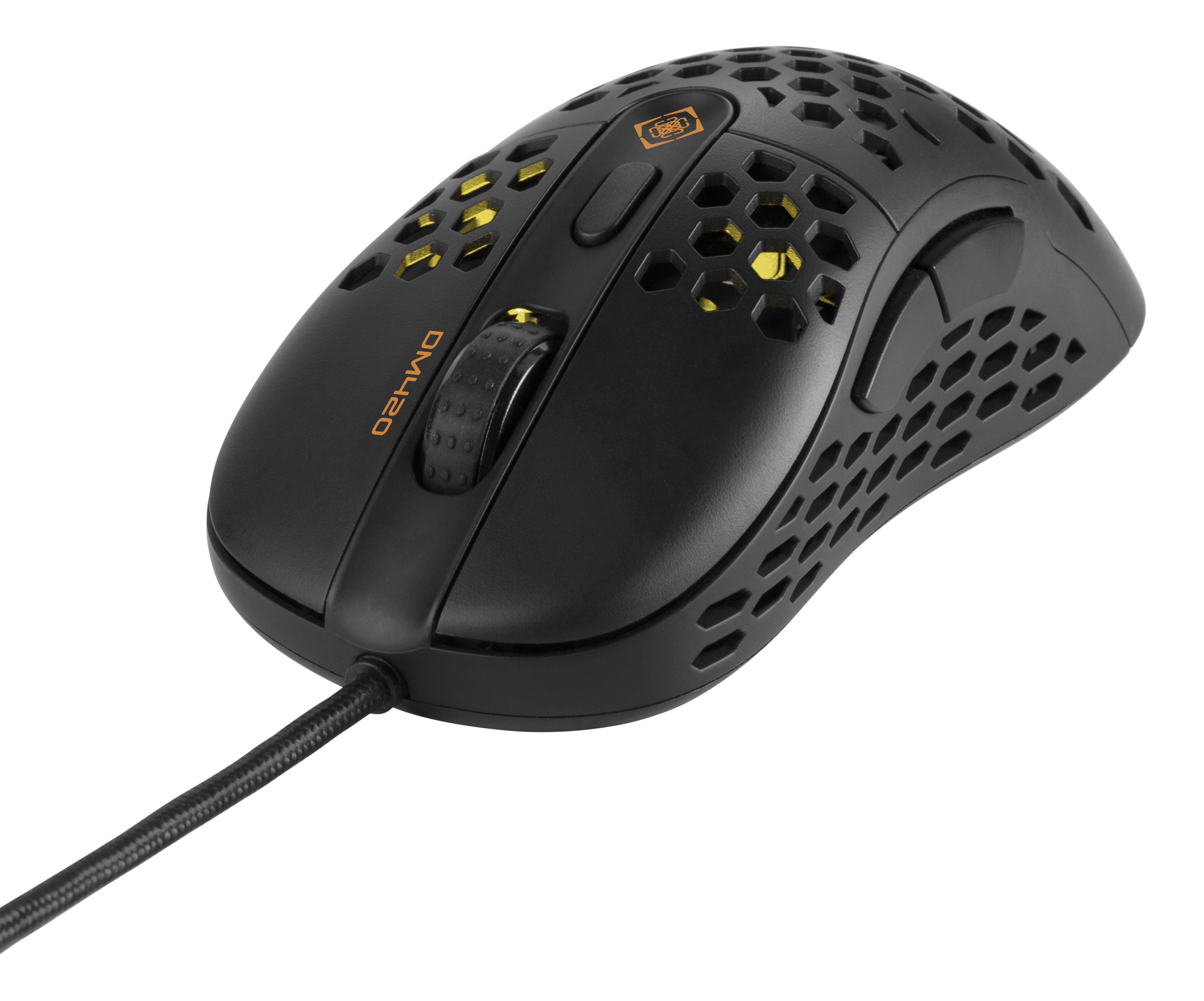 Eine schwarze Gaming-Maus mit Wabenmuster und gelben Akzenten ist sichtbar.