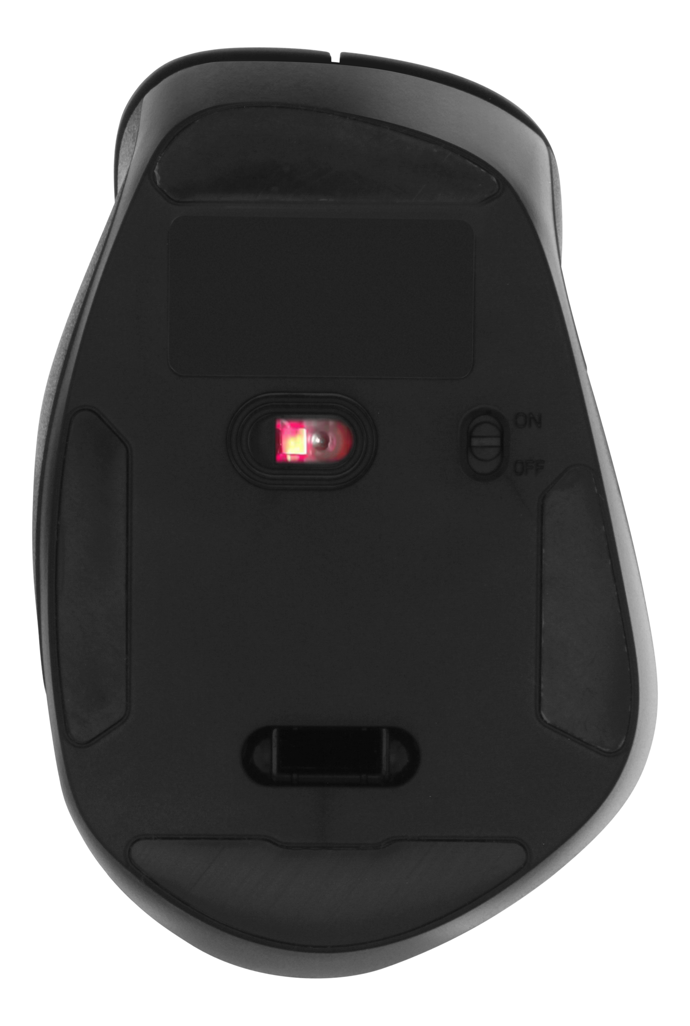 Onderkant zwarte computermuis met rood licht en aan/uit-schakelaar.